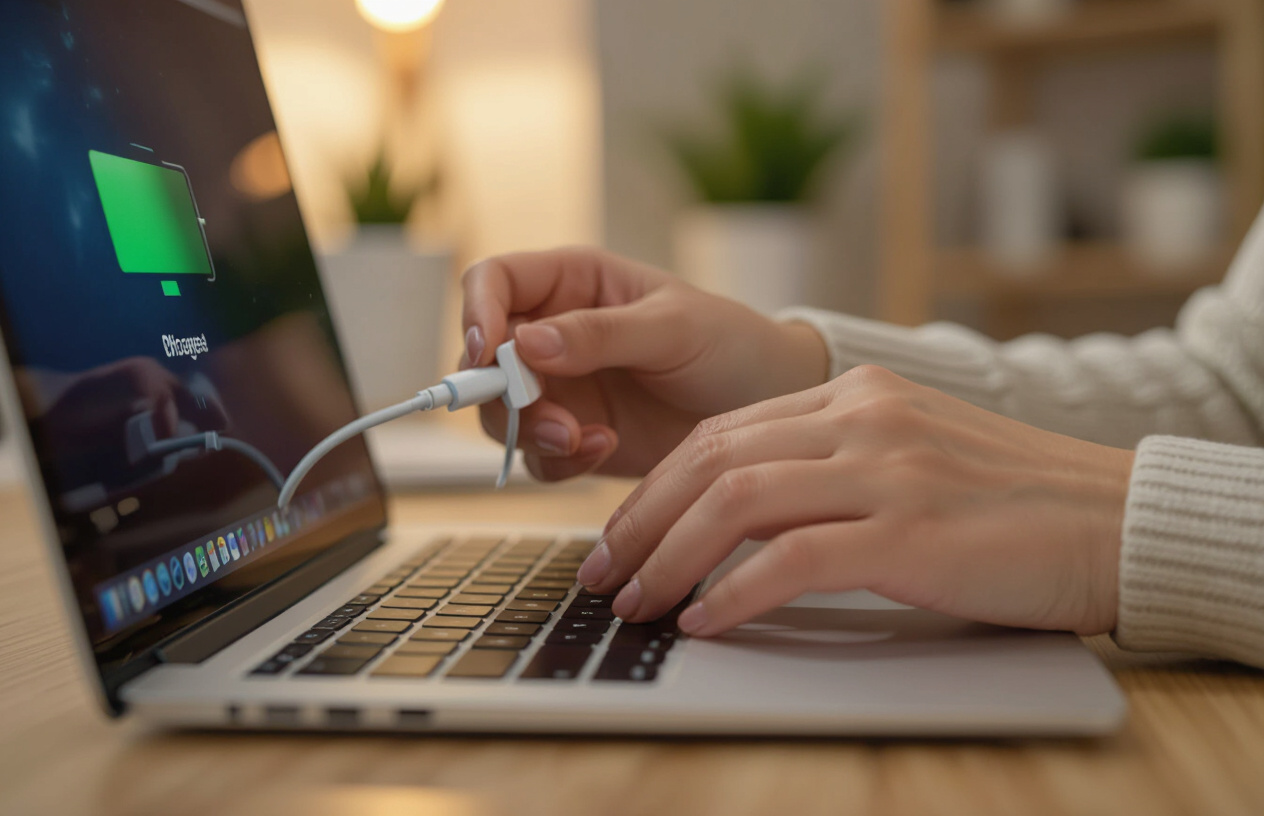 Người Dùng Laptop Đang Sạc Pin Đúng Cách, Tập Trung Vào Cổng Sạc Và Biểu Tượng Pin.
