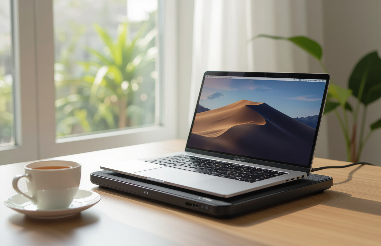 Laptop Đang Hoạt Động Ở Môi Trường Mát Mẻ, Có Quạt Tản Nhiệt Hoặc Đế Làm Mát Bên Dưới.