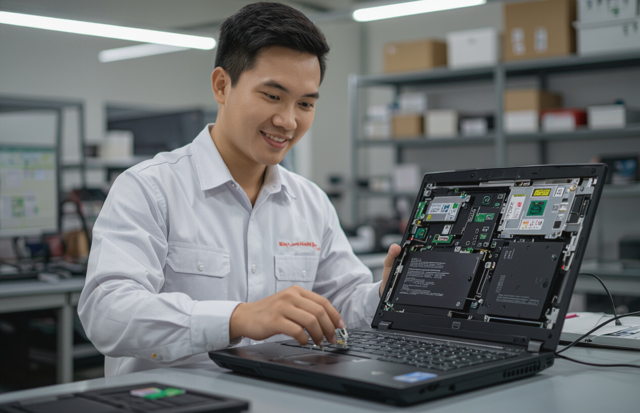 Thợ Kỹ Thuật Viên Người Việt Nam Đang Kiểm Tra Hoặc Thay Pin Laptop Cho Khách Hàng Tại Cửa Hàng.