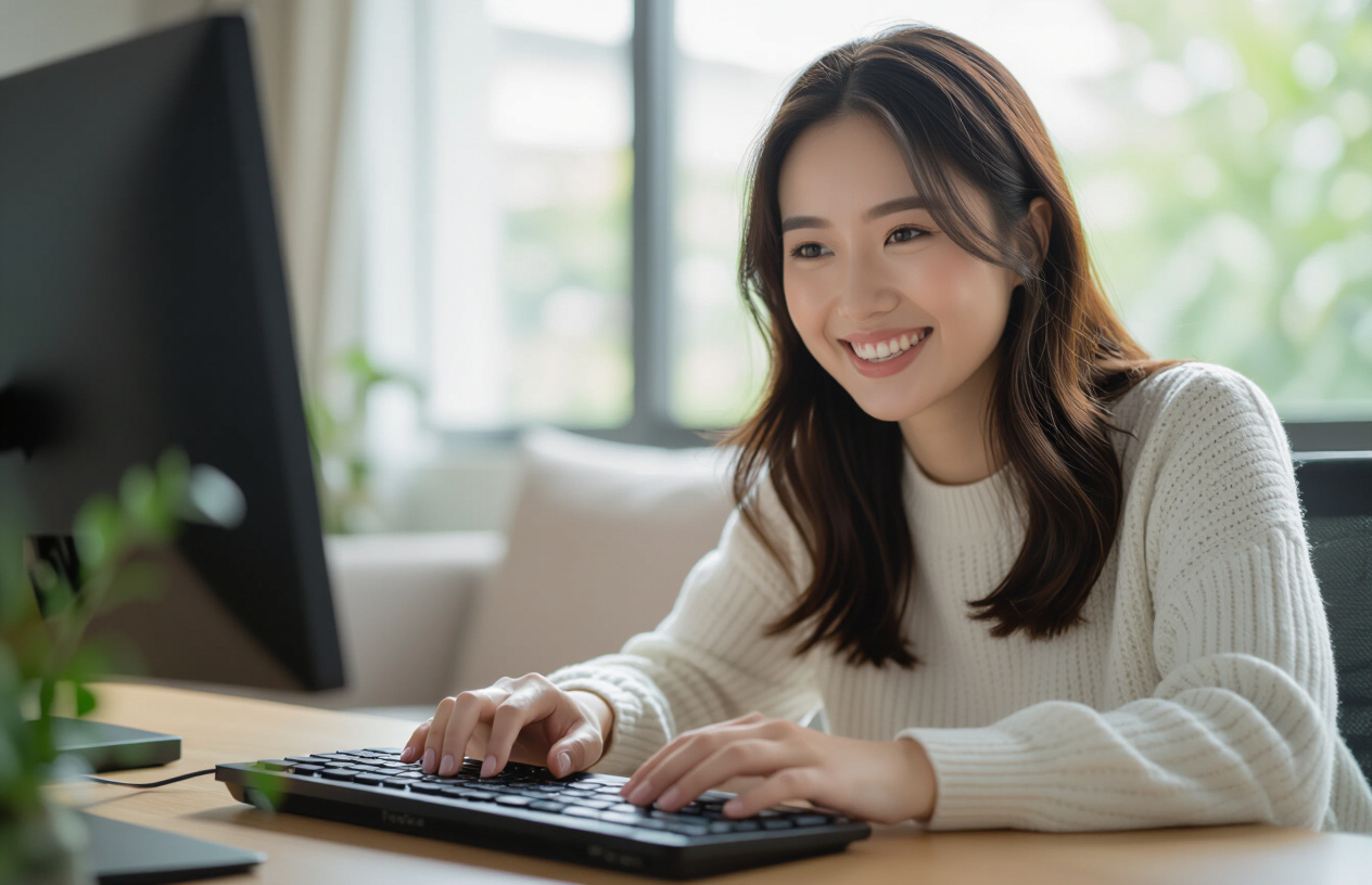 Một Người Phụ Nữ Việt Nam Tươi Cười Đang Sử Dụng Bàn Phím Logitech K480 Để Làm Việc Hiệu Quả.