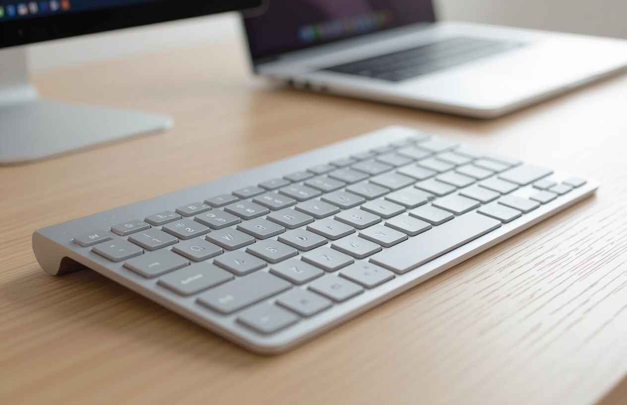 Hình Ảnh Bàn Phím Bluetooth Microsoft Surface Keyboard Màu Bạc Sang Trọng Trên Bàn Làm Việc Hiện Đại.