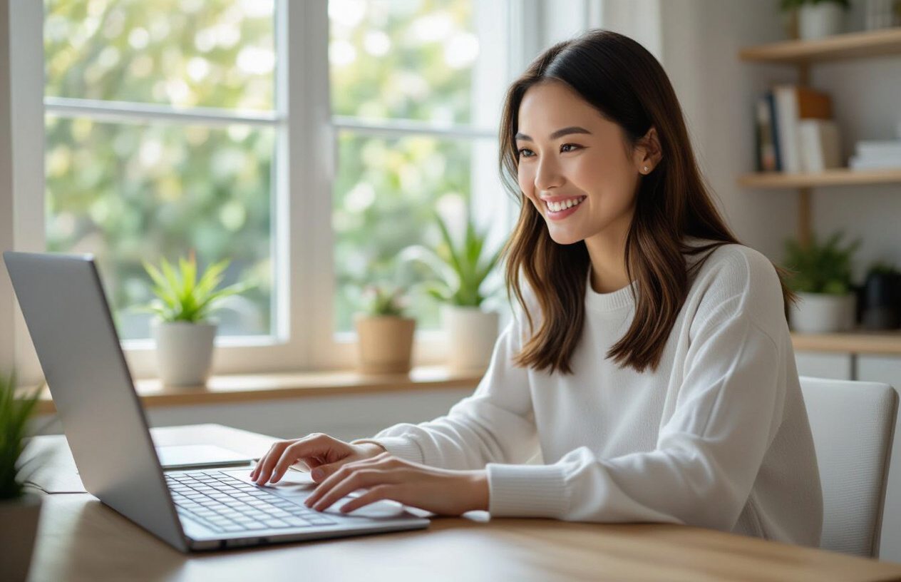 Người Phụ Nữ Việt Nam Tươi Cười Đang Sử Dụng Bàn Phím Surface Keyboard Kết Nối Không Dây.