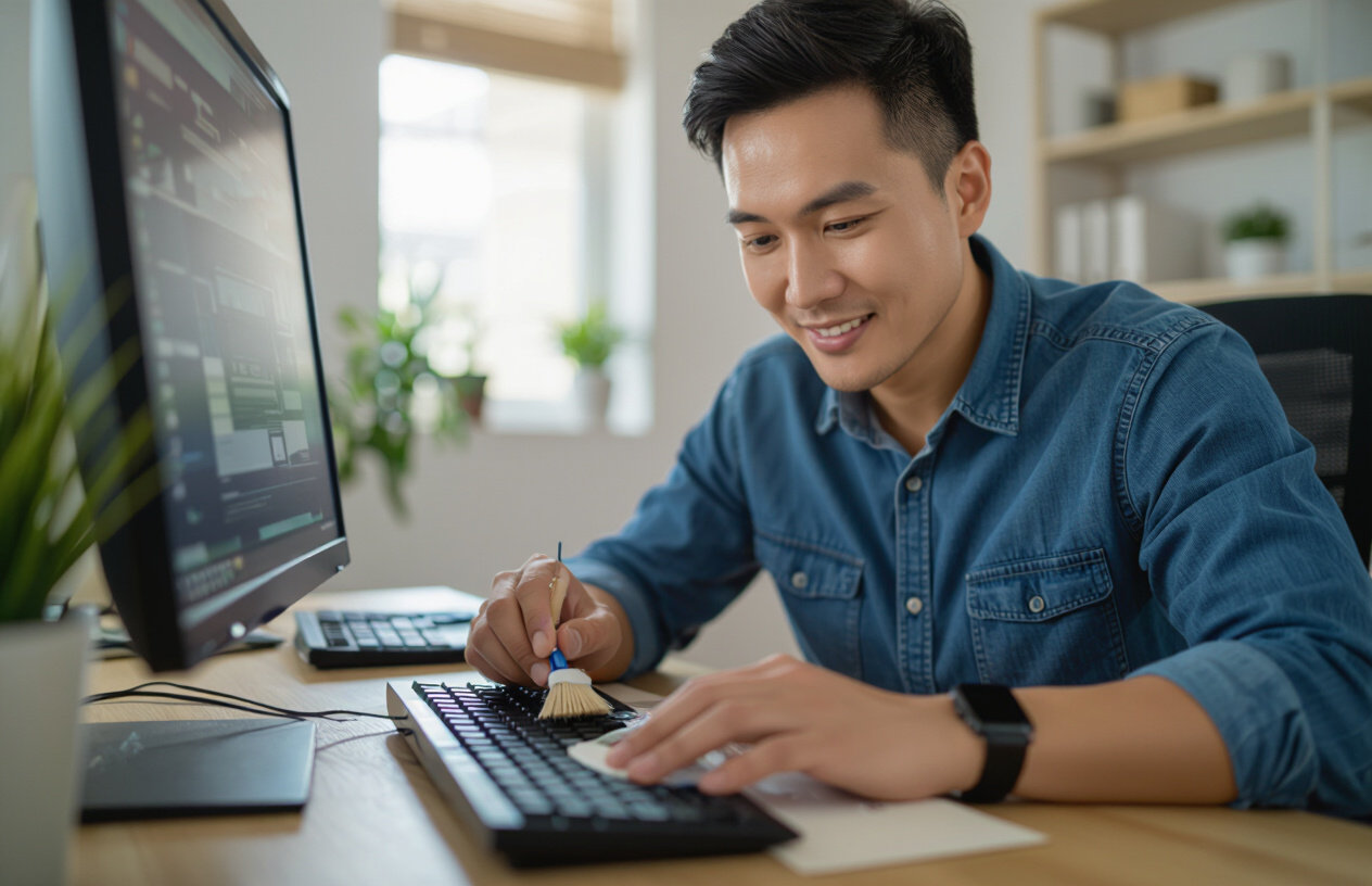 Một Người Đàn Ông Việt Nam Đang Vệ Sinh Bàn Phím Máy Tính Cẩn Thận, Minh Họa Cách Bảo Quản Thiết Bị.