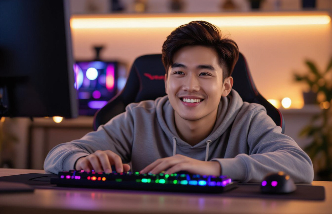 Game Thủ Việt Nam Vui Vẻ Sử Dụng Bàn Phím Dareu Ek87 Rgb Trong Không Gian Chơi Game Của Mình.