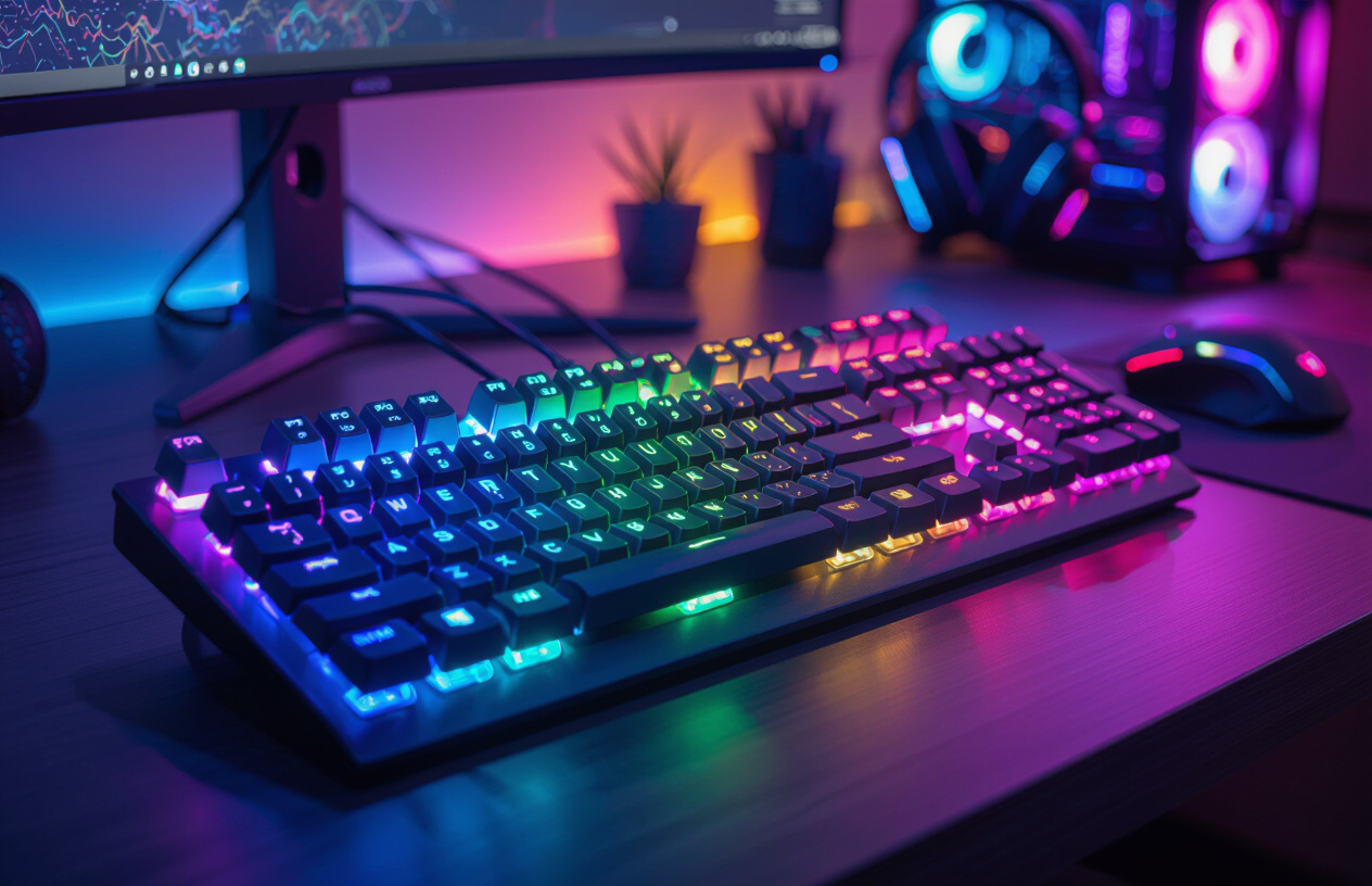 Cận Cảnh Bàn Phím Gaming Dareu Ek87 Rgb Được Bố Trí Trong Một Góc Máy Tính Hiện Đại Với Phụ Kiện Gaming.