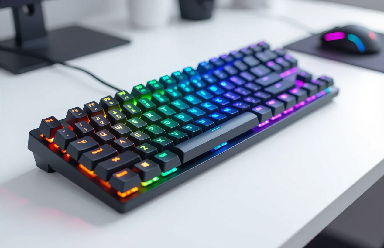 Bàn Phím Gaming Razer Huntsman Mini Với Đèn Rgb Rực Rỡ Trên Bàn Làm Việc.