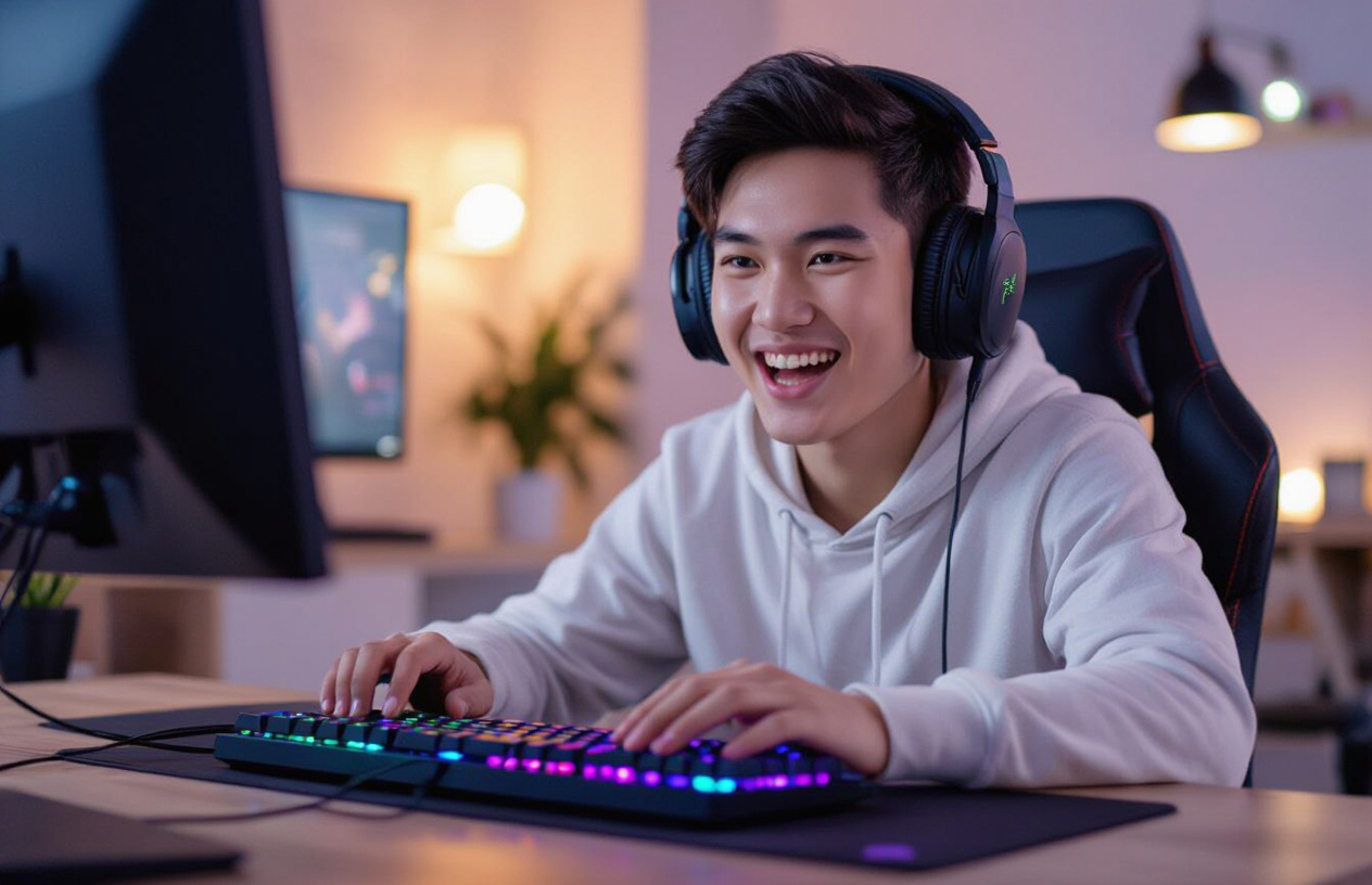 Một Game Thủ Việt Nam Trẻ Tuổi Đang Say Mê Chơi Game Với Bàn Phím Razer Huntsman Mini.