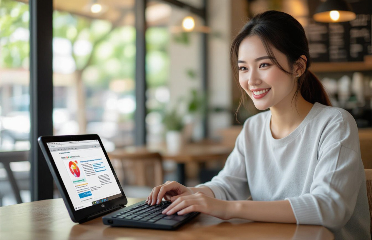 Người Dùng Bến Tre Gõ Phím Logitech K380 Trên Máy Tính Bảng Với Nụ Cười Hài Lòng.