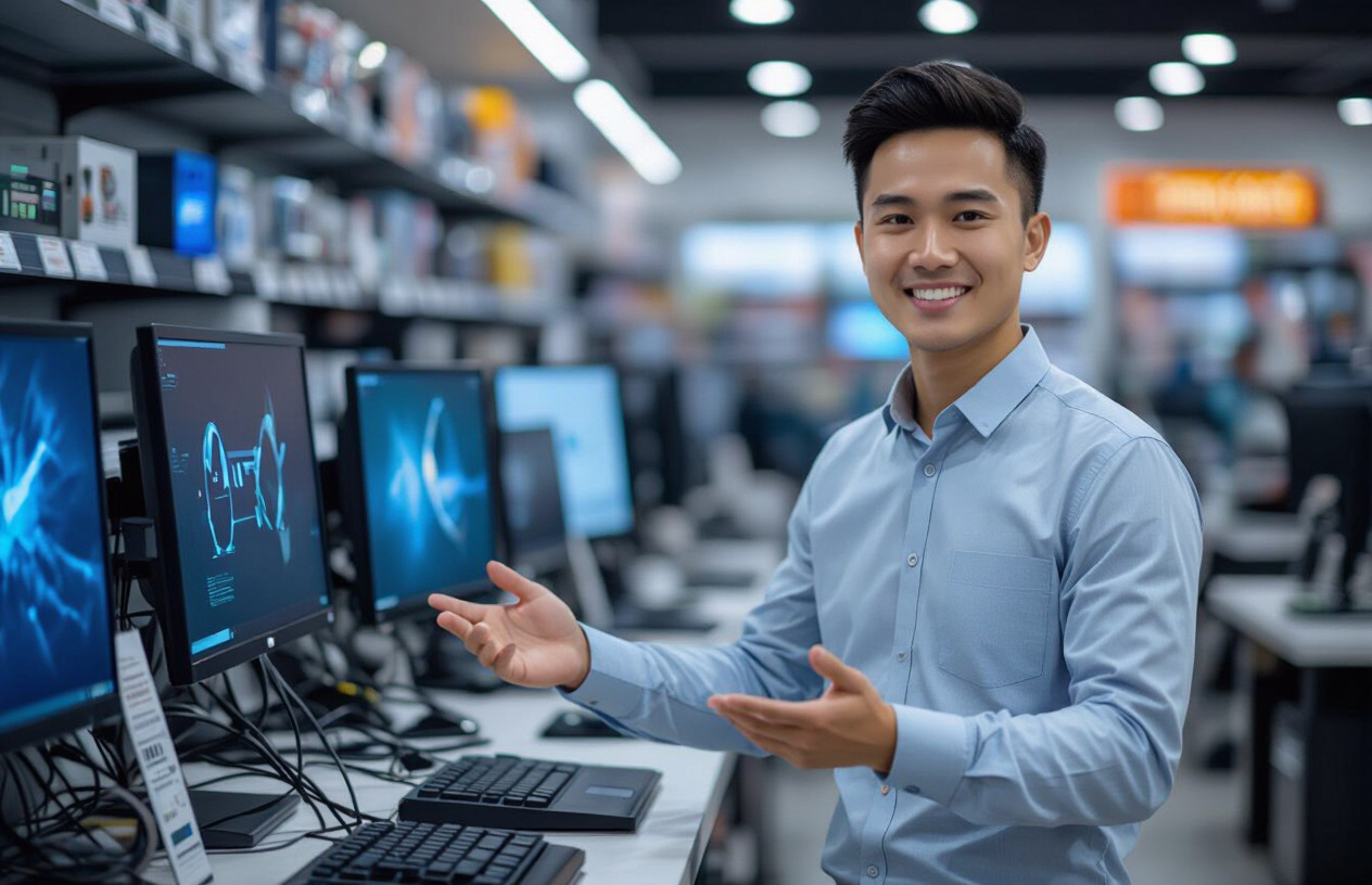 Một Người Đàn Ông Việt Nam Trẻ Trung, Thân Thiện Đang Tư Vấn Về Linh Kiện Máy Tính Tại Cửa Hàng, Với Các Thiết Bị Công