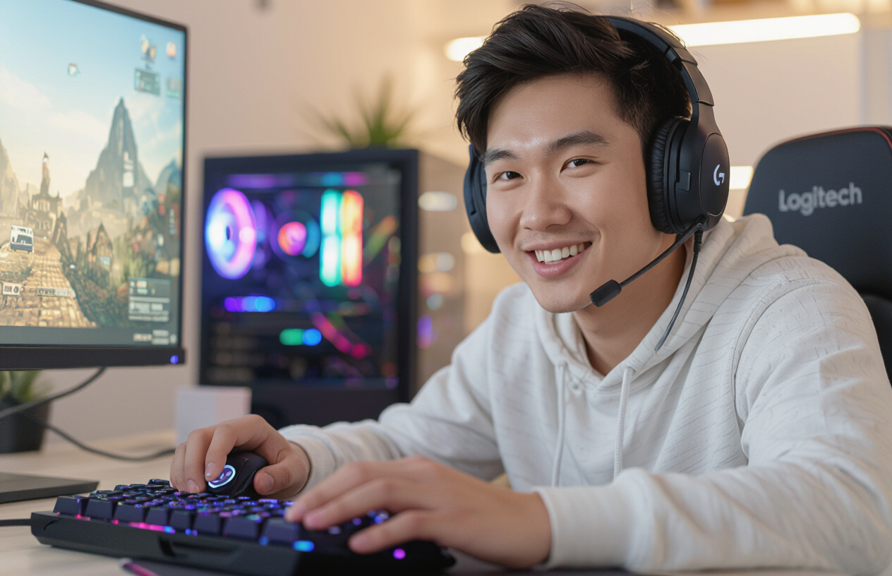 Một Game Thủ Việt Nam Trẻ Tuổi Đang Say Sưa Chơi Game Với Chuột Logitech G203 Lightsync.