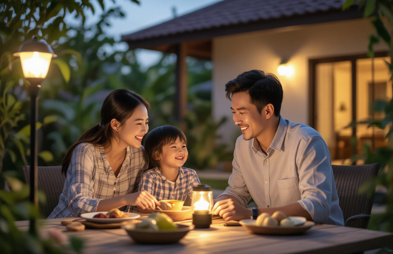 Gia Đình Việt Nam Vui Vẻ Tận Hưởng Không Gian Chiếu Sáng Bằng Đèn Năng Lượng Mặt Trời