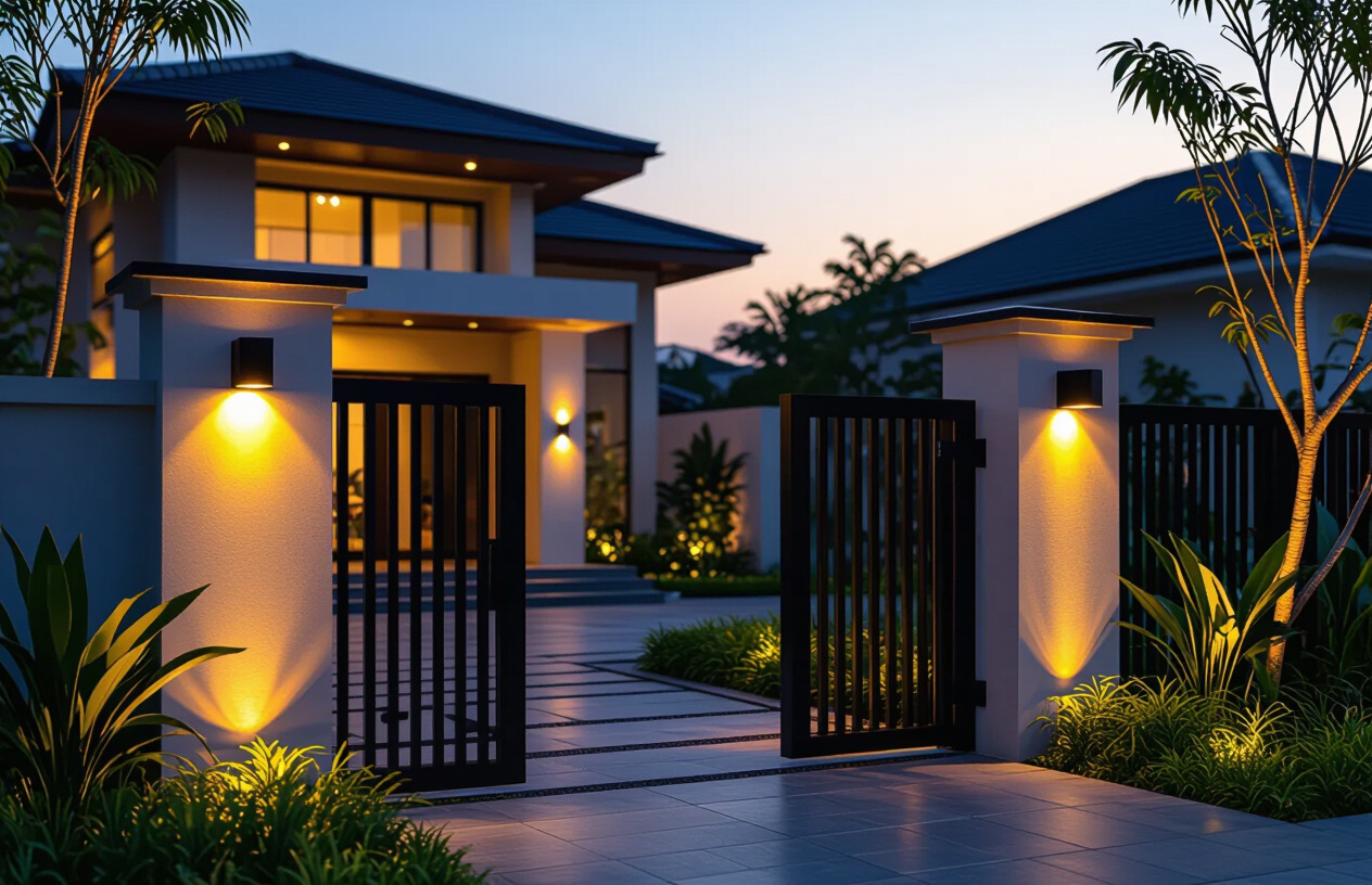 Đèn Trụ Cổng Năng Lượng Mặt Trời Hiện Đại Chiếu Sáng Khuôn Viên Nhà Tại Bến Tre Vào Buổi Tối.