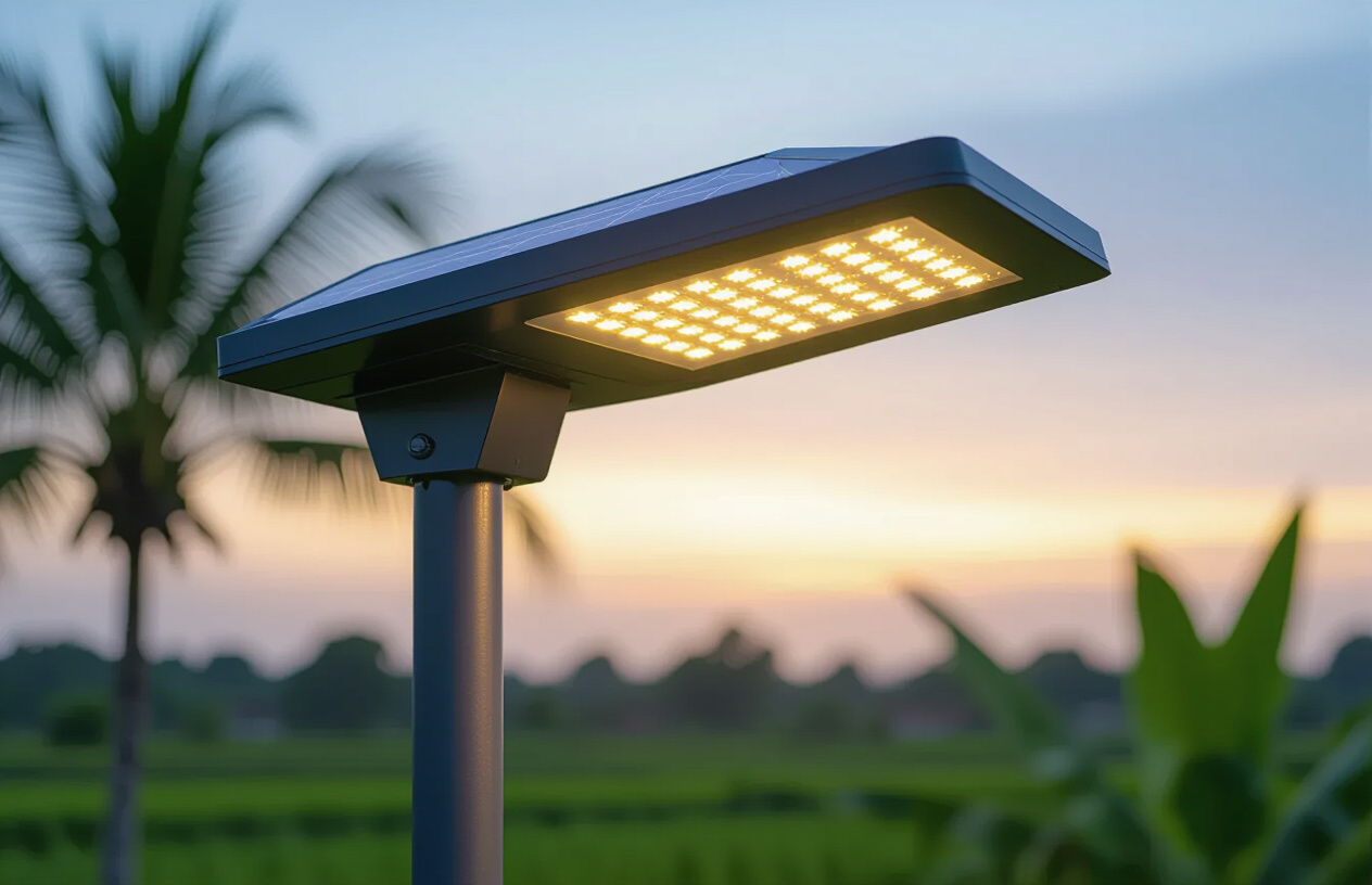 Hình Ảnh Đèn Đường Năng Lượng Mặt Trời 150W Liền Thể Chiếu Sáng Rực Rỡ Một Con Đường Quê Tại Bến Tre Vào Ban Đêm.