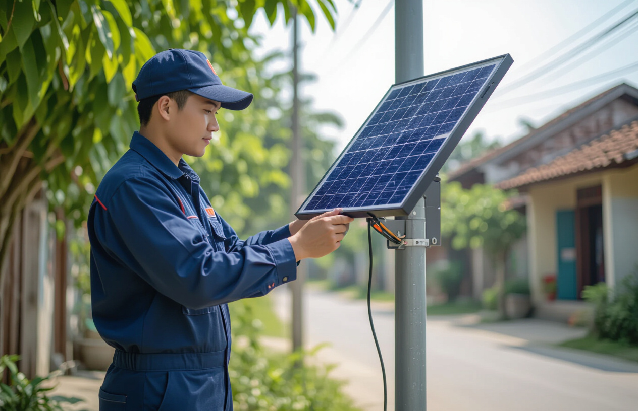 Một Kỹ Thuật Viên Chuyên Nghiệp Của Máy Tính Bến Tre Đang Lắp Đặt Đèn Năng Lượng Mặt Trời Trên Trụ Tại Khu Vực Dân Cư
