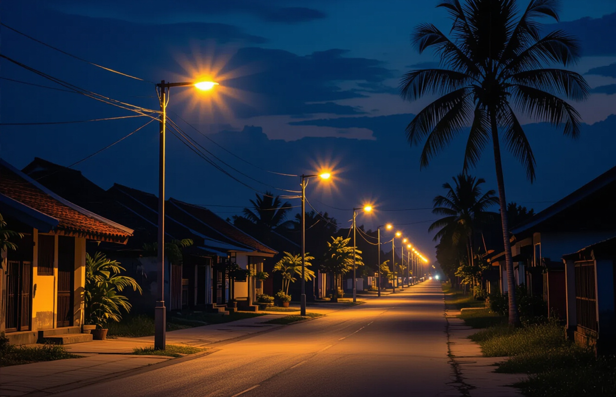 Khung Cảnh Đường Làng Bến Tre Được Chiếu Sáng Ấm Áp Bởi Đèn Năng Lượng Mặt Trời Vào Ban Đêm, Tạo Nên Không Gian Sống L