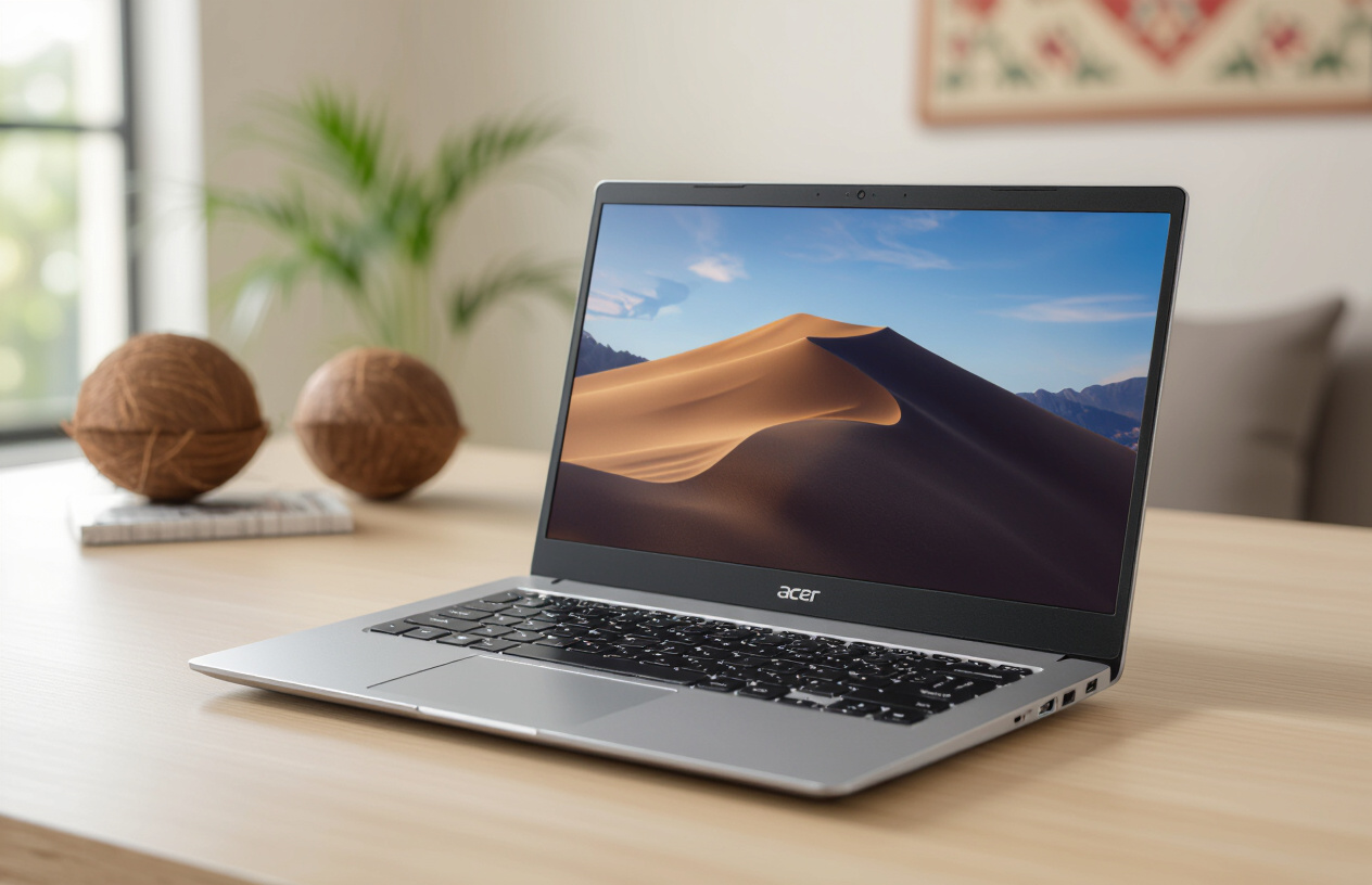 Laptop Acer Aspire 5 Hiện Đại Trên Bàn Làm Việc, Tượng Trưng Cho Hiệu Suất Cao.