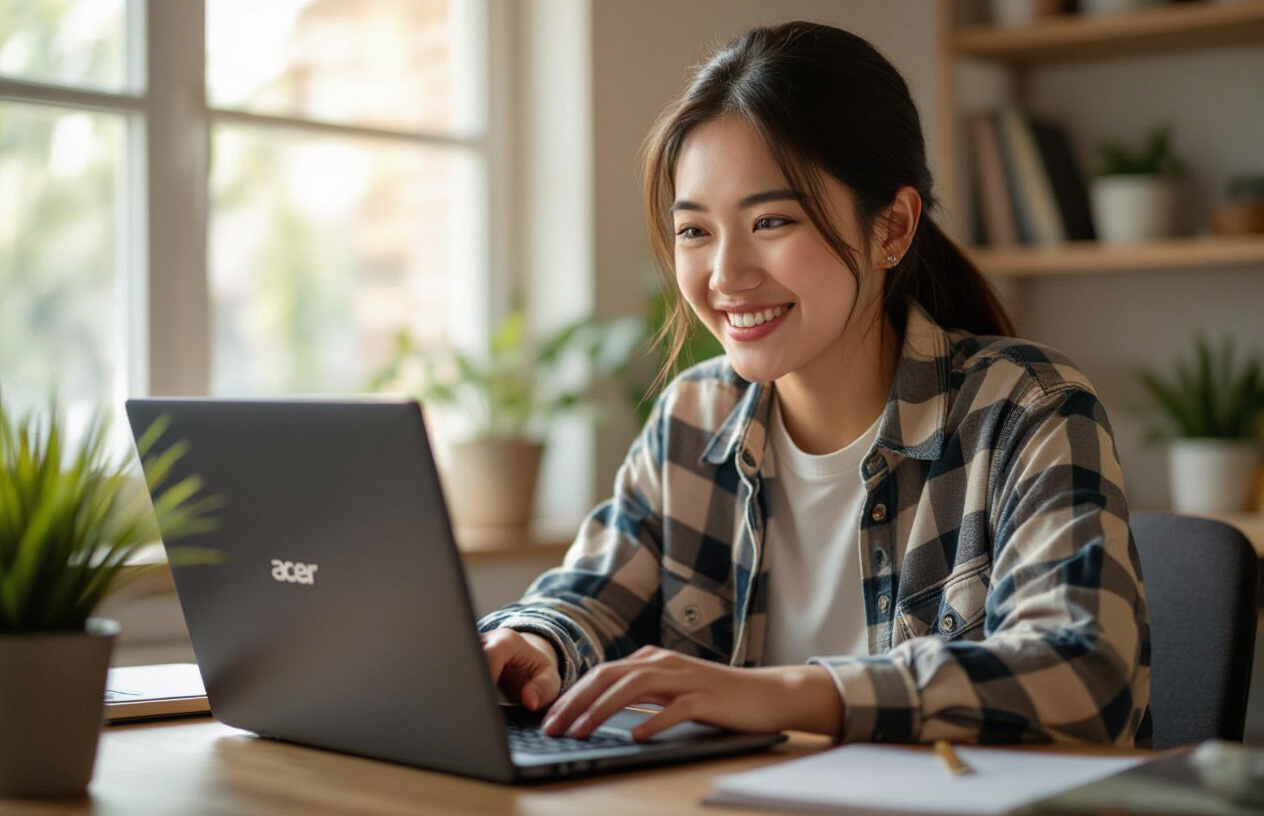 Một Người Trẻ Việt Nam Vui Vẻ Làm Việc Trên Laptop Acer Aspire 5.