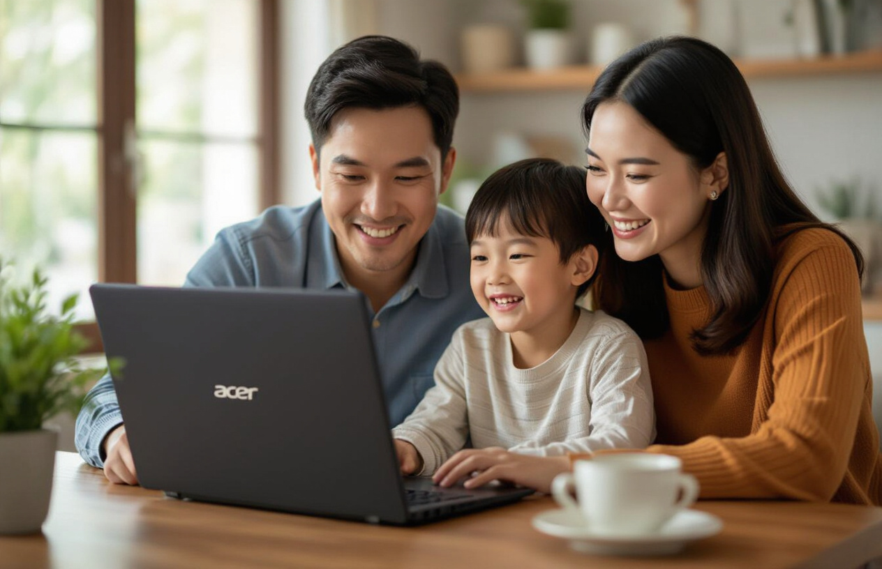Gia Đình Việt Nam Quây Quần Xem Nội Dung Trên Laptop Acer Aspire 5.