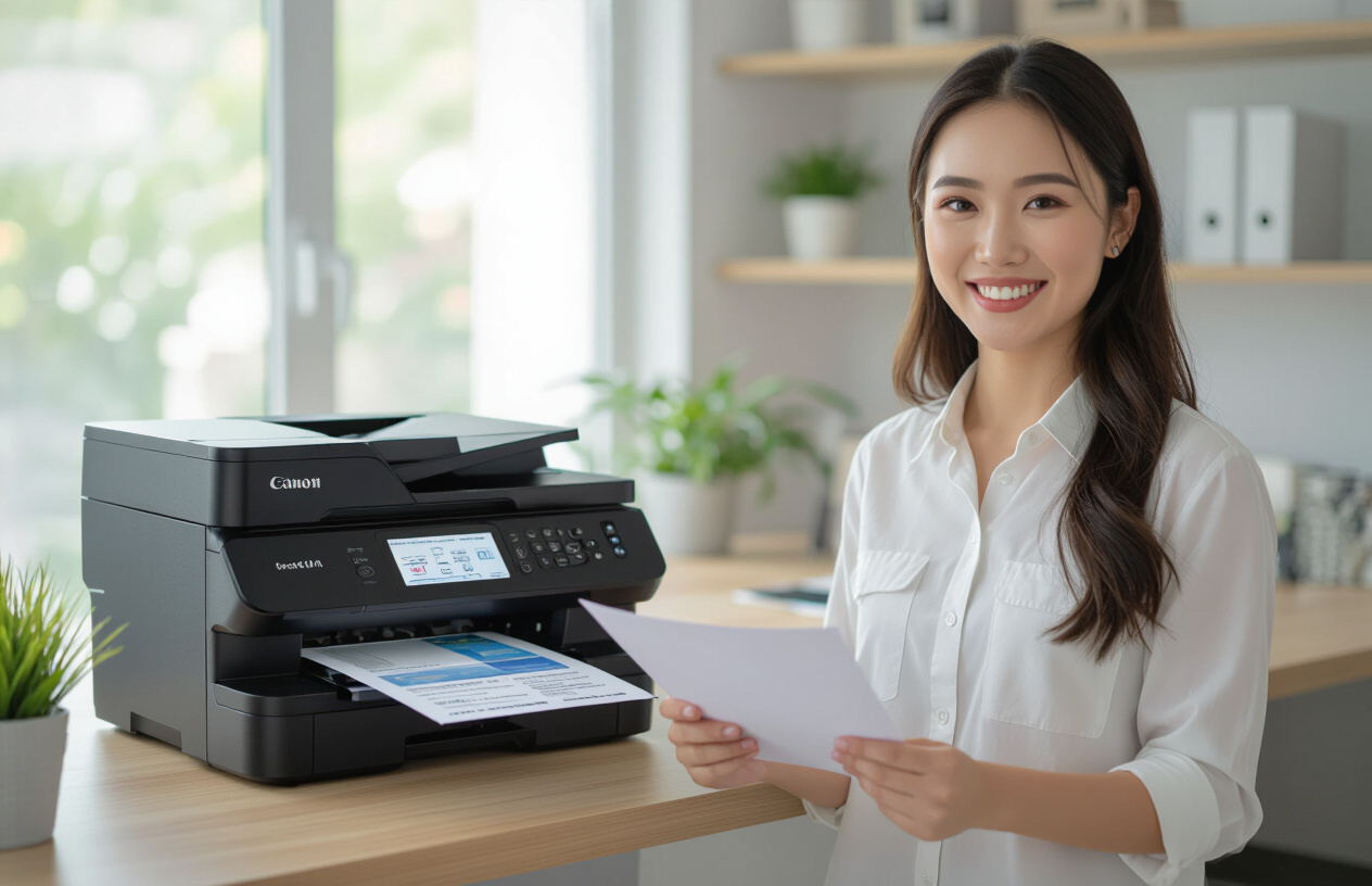 Người Phụ Nữ Việt Nam Tươi Cười In Tài Liệu Trên Máy In Canon