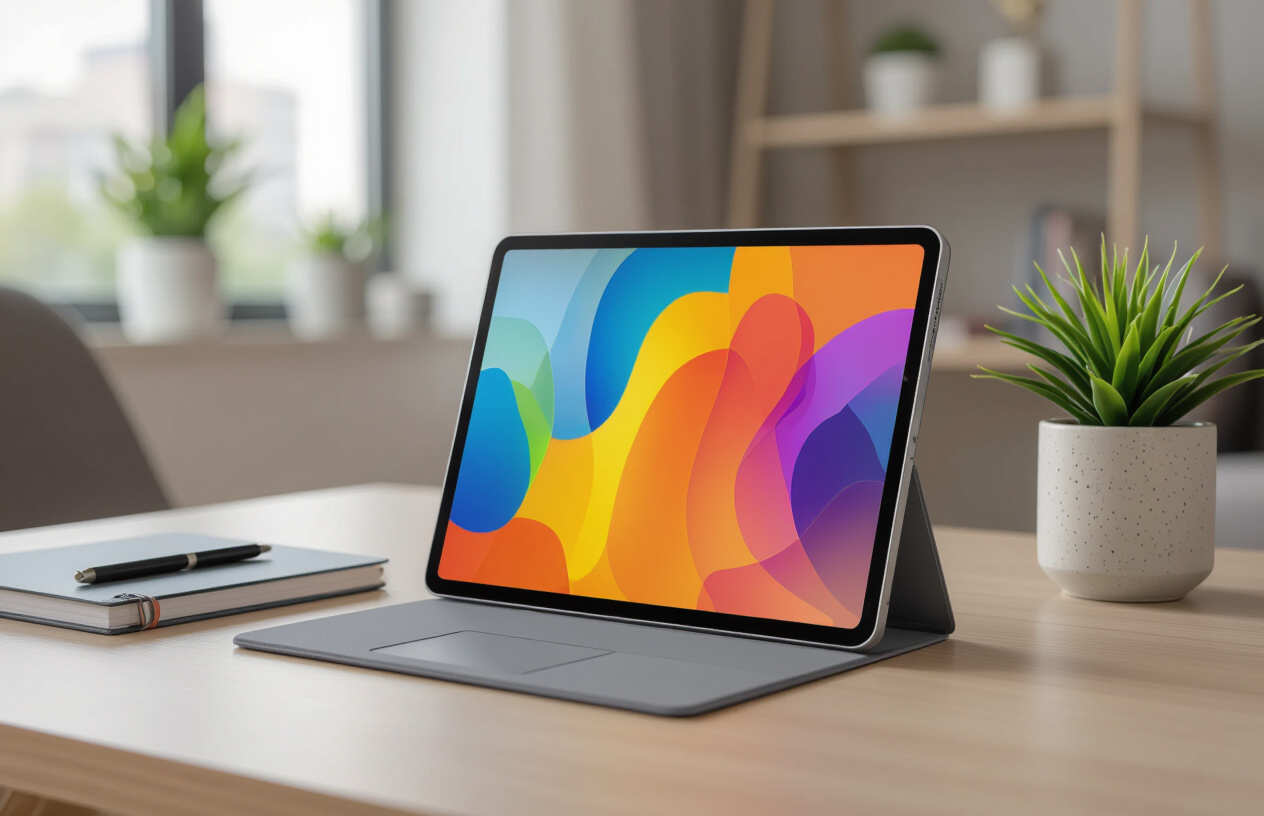 Một Chiếc Máy Tính Bảng Samsung Galaxy Tab A8 Màu Xám Được Đặt Trên Bàn Làm Việc Hiện Đại, Bên Cạnh Cuốn Sổ Và Bút, Tư