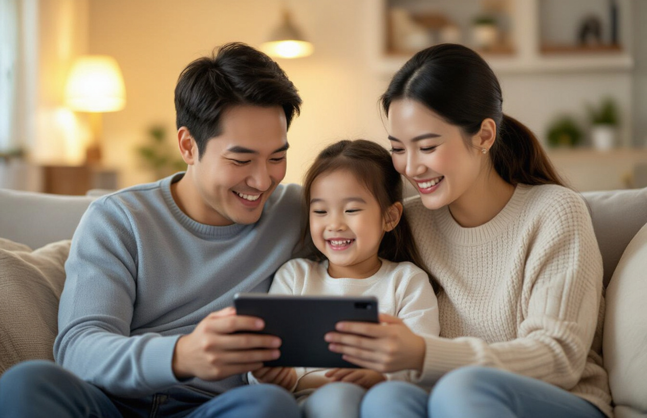 Gia Đình Việt Nam Hạnh Phúc Gồm Bố, Mẹ Và Một Bé Gái Cùng Nhau Xem Phim Trên Máy Tính Bảng Samsung Galaxy Tab A8 Trong