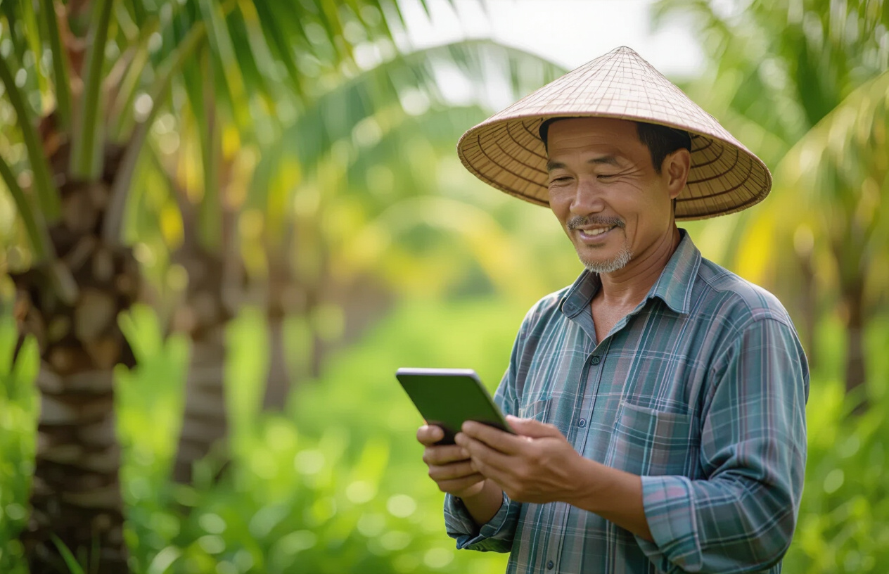 Một Người Nông Dân Việt Nam Đang Sử Dụng Máy Tính Bảng Samsung Galaxy Tab A8 Để Xem Thông Tin Thị Trường Hoặc Thời Tiế