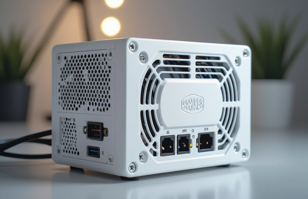 Hình Ảnh Nguồn Máy Tính Cooler Master Mwe White V2 Được Đặt Gọn Gàng Trên Bàn Làm Việc, Ánh Sáng Chuyên Nghiệp.