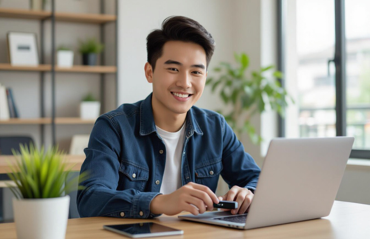 Một Người Dùng Trẻ Đang Kết Nối Ổ Cứng Di Động Seagate Backup Plus Với Laptop.