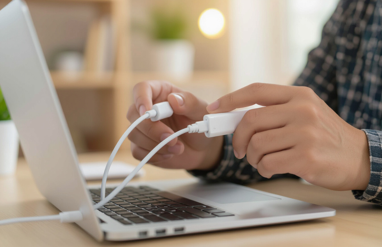 Người Dùng Laptop Đang Cắm Sạc Chính Hãng Vào Laptop, Với Biểu Cảm Hài Lòng.
