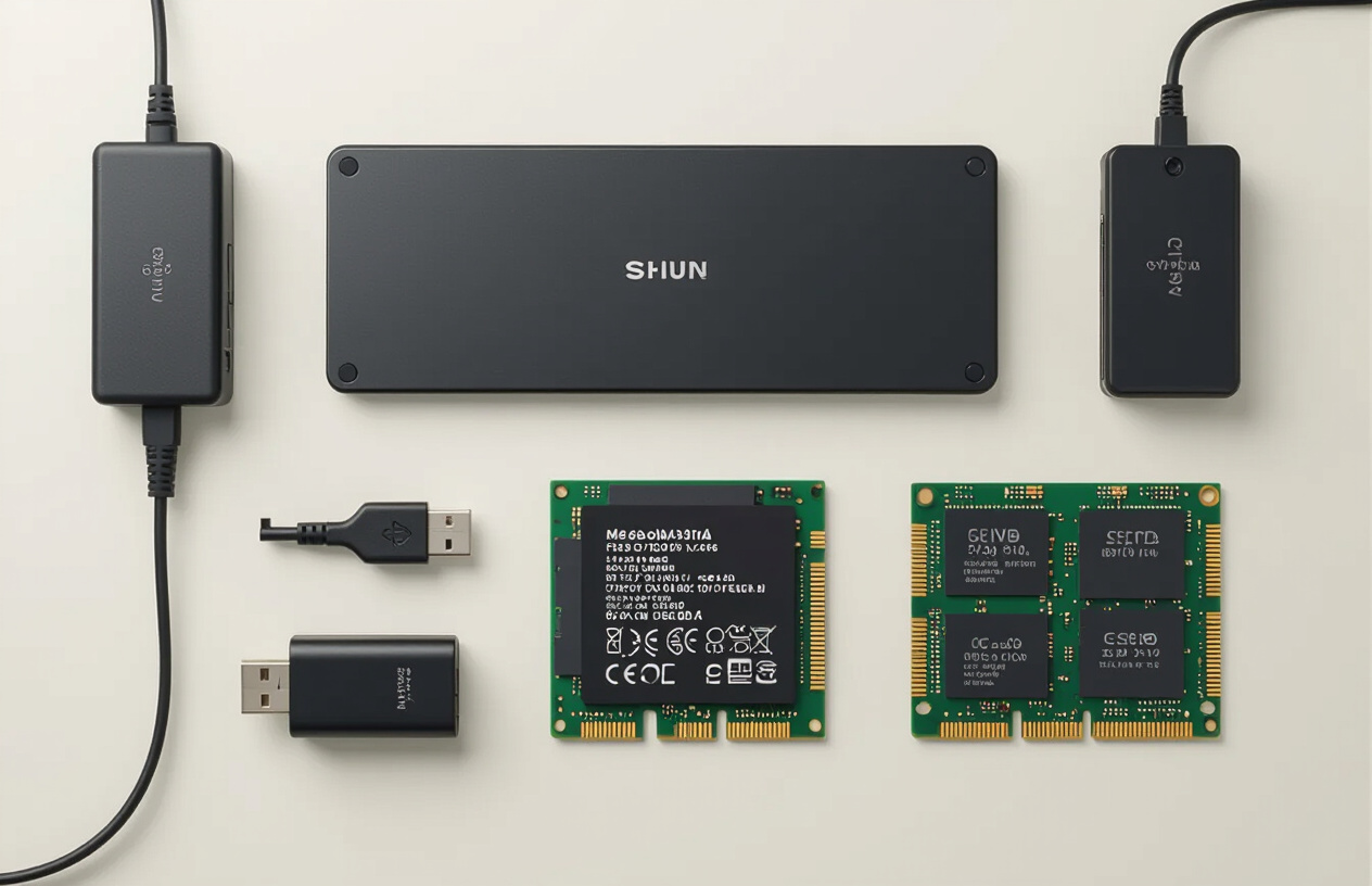 Các Loại Linh Kiện Laptop Chính Hãng Được Sắp Xếp Gọn Gàng Trên Bàn, Bao Gồm Pin, Sạc, Ssd Và Ram.