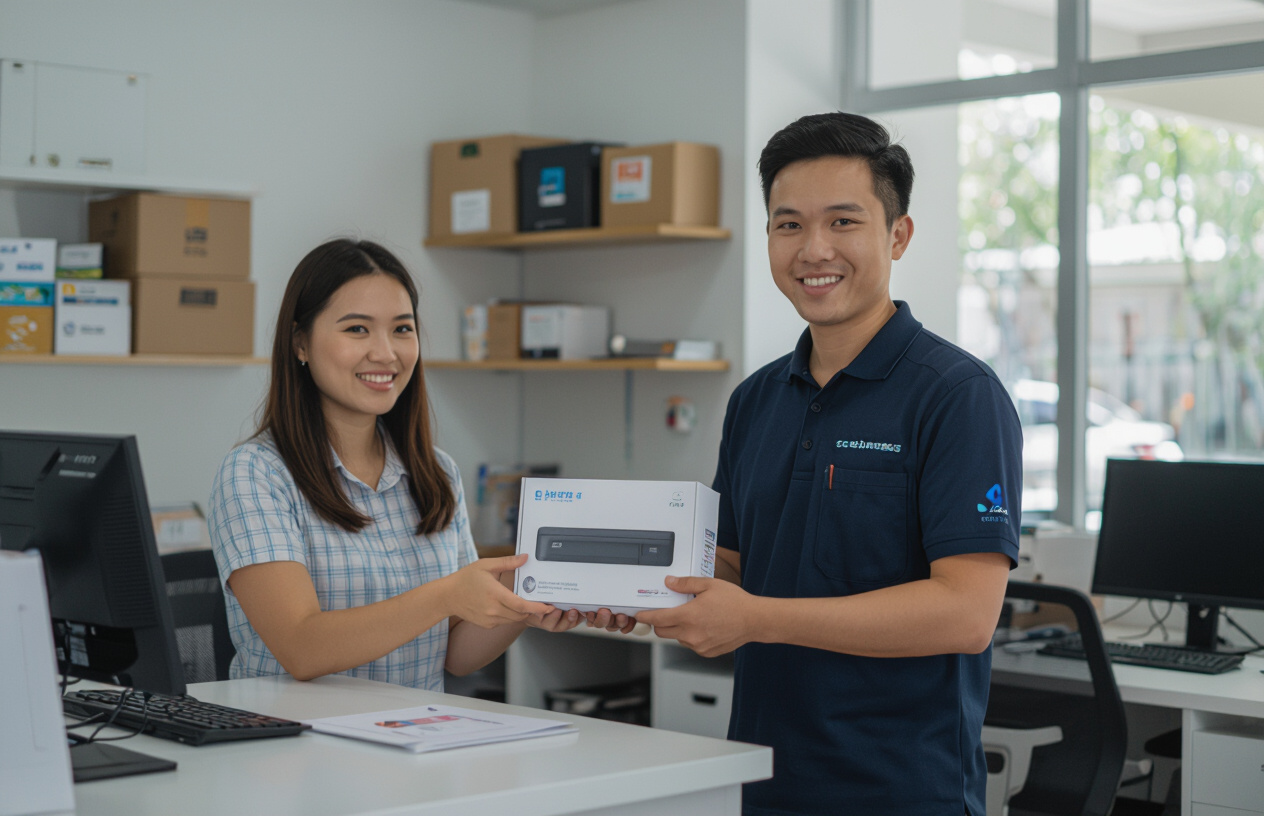 Khách Hàng Bến Tre Hài Lòng Khi Nhận Được Phụ Kiện Laptop Chính Hãng Từ Nhân Viên Tư Vấn.