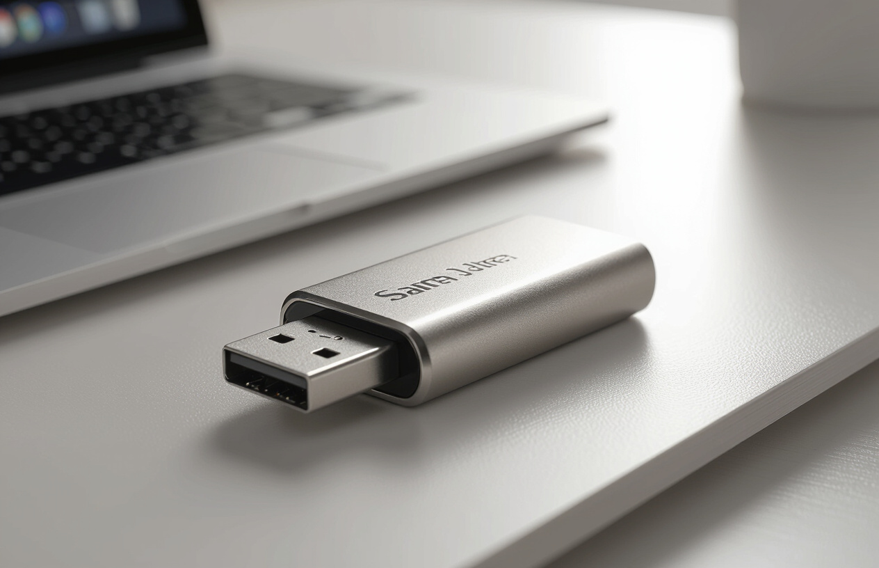 Hình Ảnh Cận Cảnh Usb Sandisk Ultra Flair 64Gb Với Thiết Kế Kim Loại Sang Trọng, Đặt Trên Bàn Làm Việc Hiện Đại.