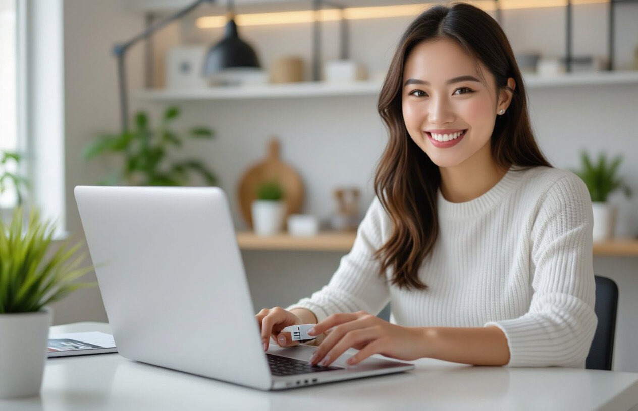Một Người Phụ Nữ Việt Nam Tươi Cười Đang Cắm Usb Vào Laptop, Thể Hiện Sự Tiện Lợi Và Dễ Dàng Sử Dụng.