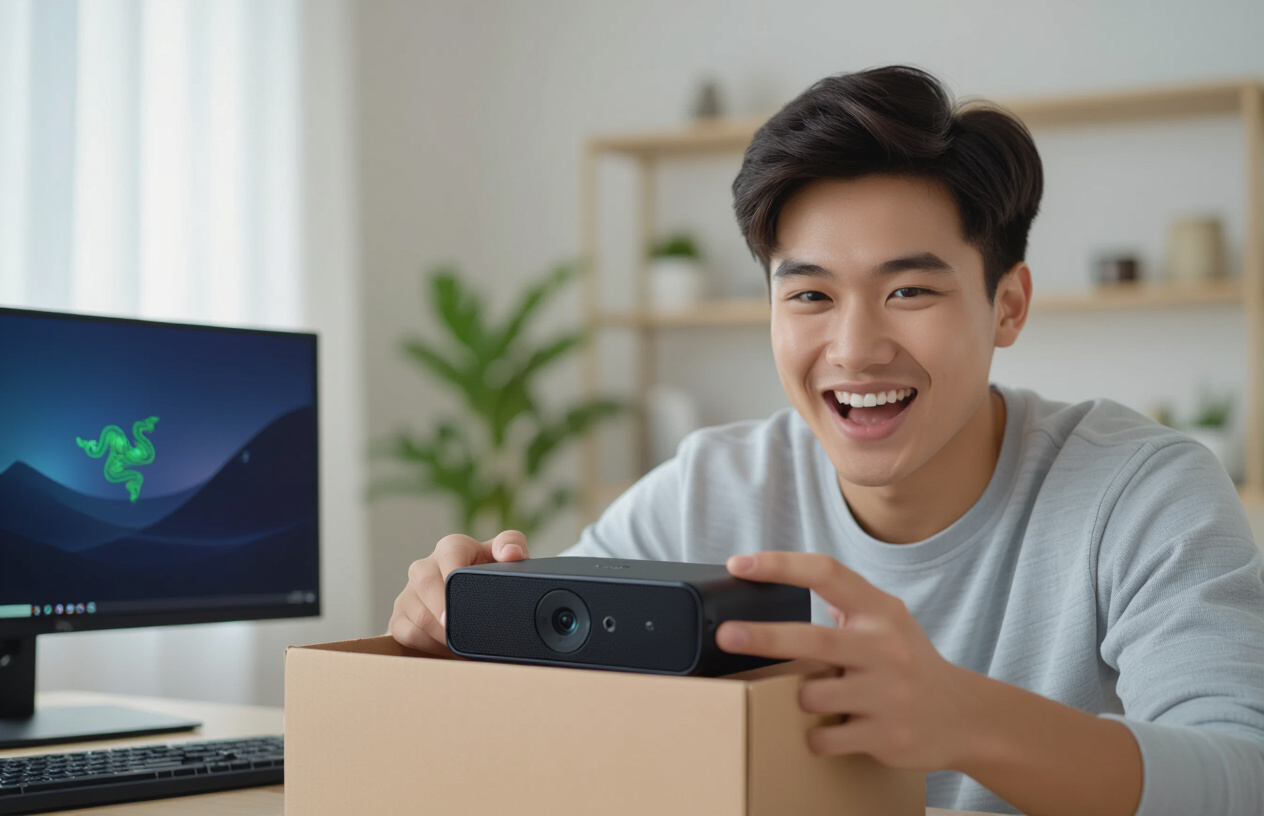 Một Người Việt Nam Trẻ Đang Hào Hứng Mở Hộp Webcam Razer Kiyo Pro Mới, Với Nụ Cười Rạng Rỡ