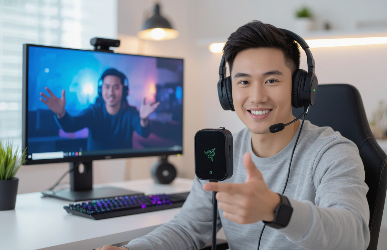 Một Nam Streamer Người Việt Nam Đang Tương Tác Với Khán Giả Trên Luồng Trực Tiếp Của Mình Với Webcam Razer Kiyo Pro Đư