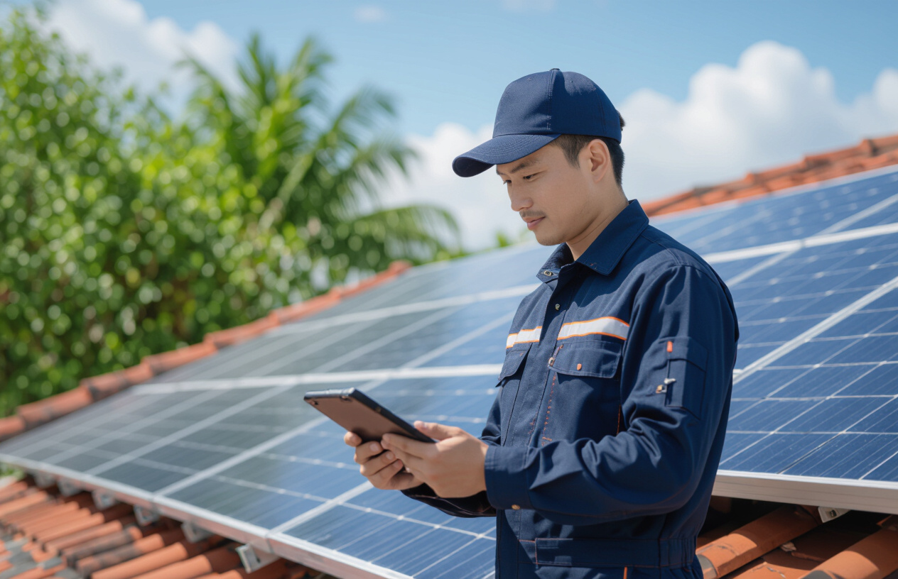 Kỹ Thuật Viên Máy Tính Bến Tre Đang Kiểm Tra Tấm Pin Năng Lượng Mặt Trời Áp Mái.
