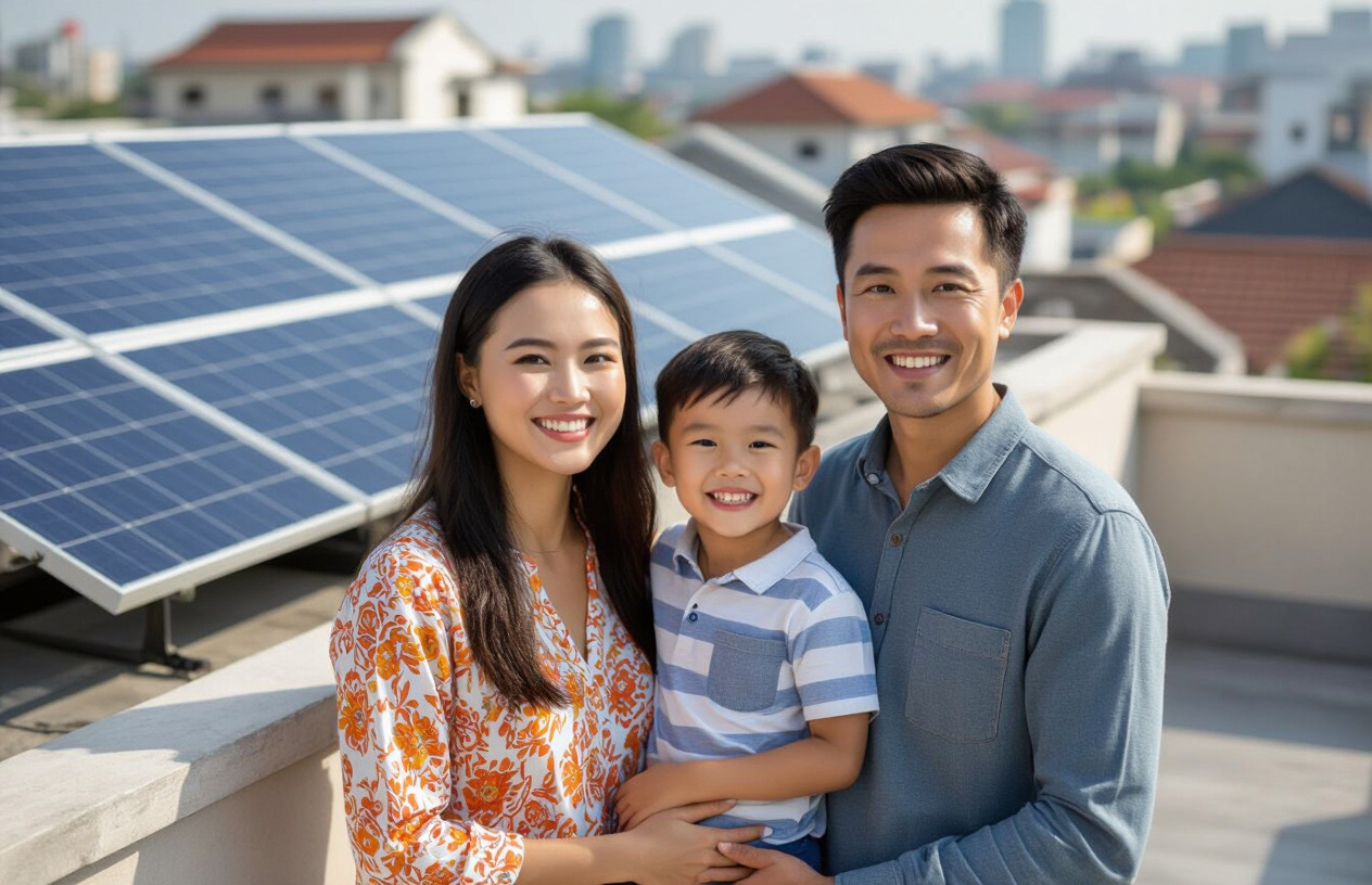 Gia Đình Việt Nam Hạnh Phúc Bên Hệ Thống Điện Mặt Trời Hiệu Quả, Biểu Tượng Cho Lợi Ích Của Bảo Trì Định Kỳ.