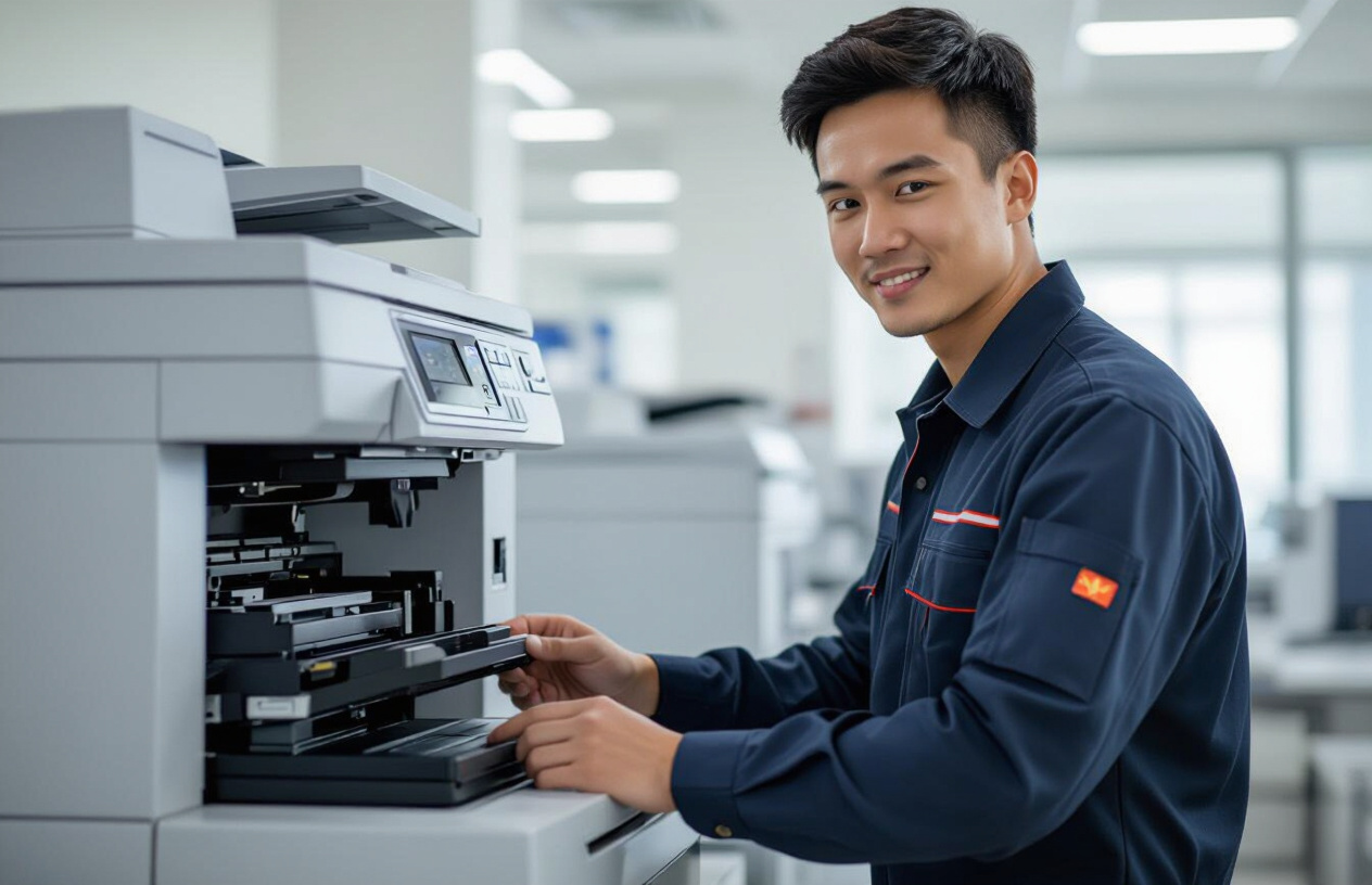 Kỹ Thuật Viên Máy Tính Bến Tre Đang Kiểm Tra Máy Photocopy Tại Văn Phòng Châu Thành.