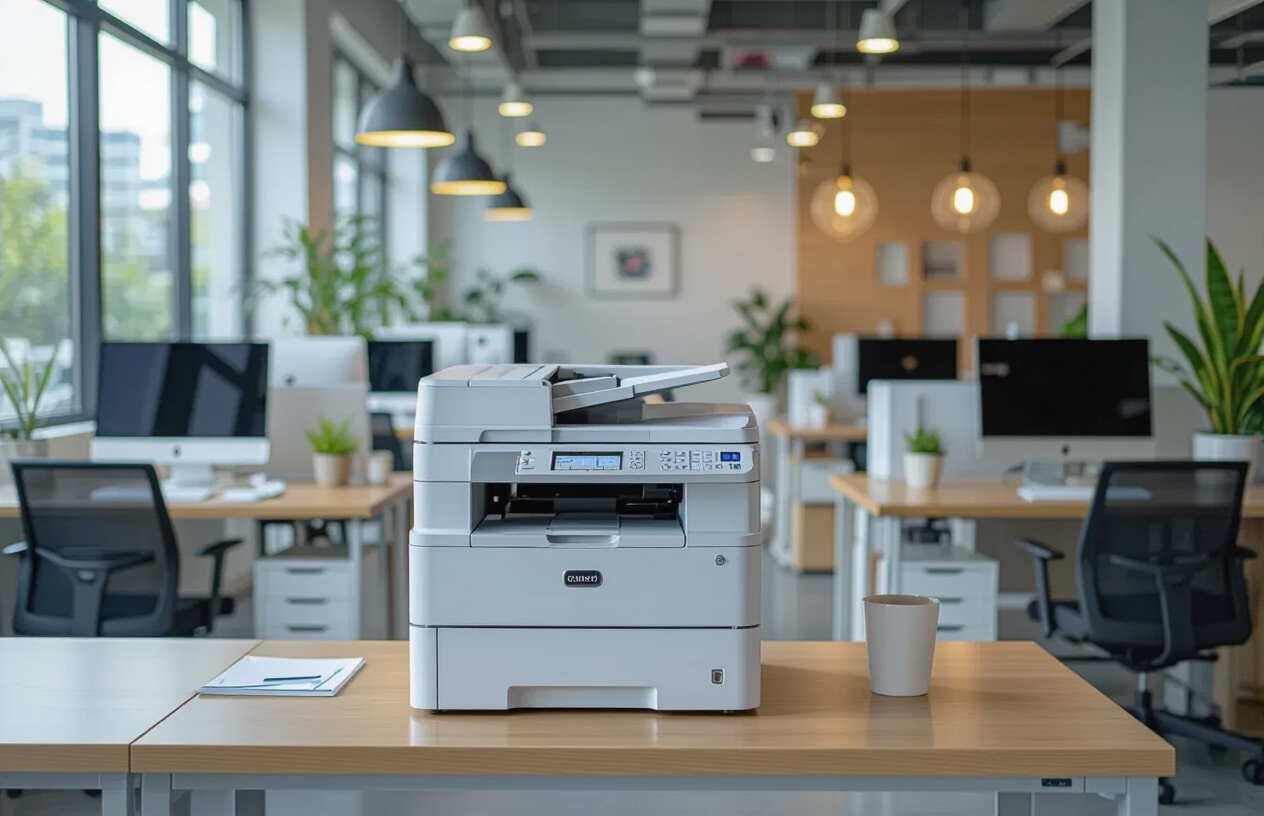Một Văn Phòng Hiện Đại Với Máy Photocopy Đang Hoạt Động Ổn Định.