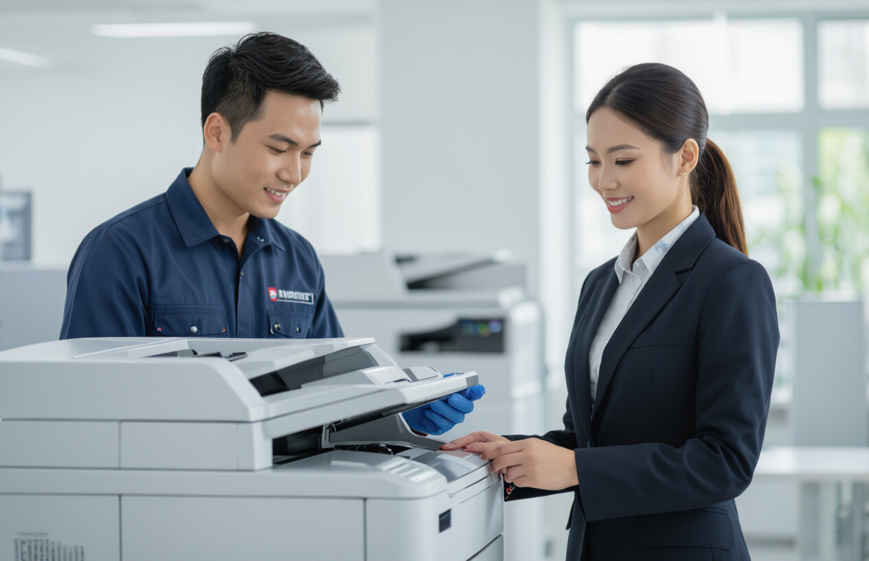 Kỹ Thuật Viên Máy Tính Bến Tre Đang Kiểm Tra Máy Photocopy Cho Khách Hàng Doanh Nghiệp.