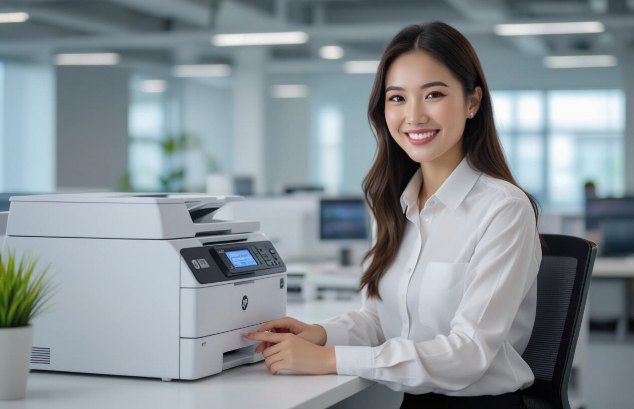 Một Nữ Nhân Viên Văn Phòng Việt Nam Mỉm Cười Hài Lòng Khi Sử Dụng Máy In Hp 2035N Đã Được Sửa Chữa.