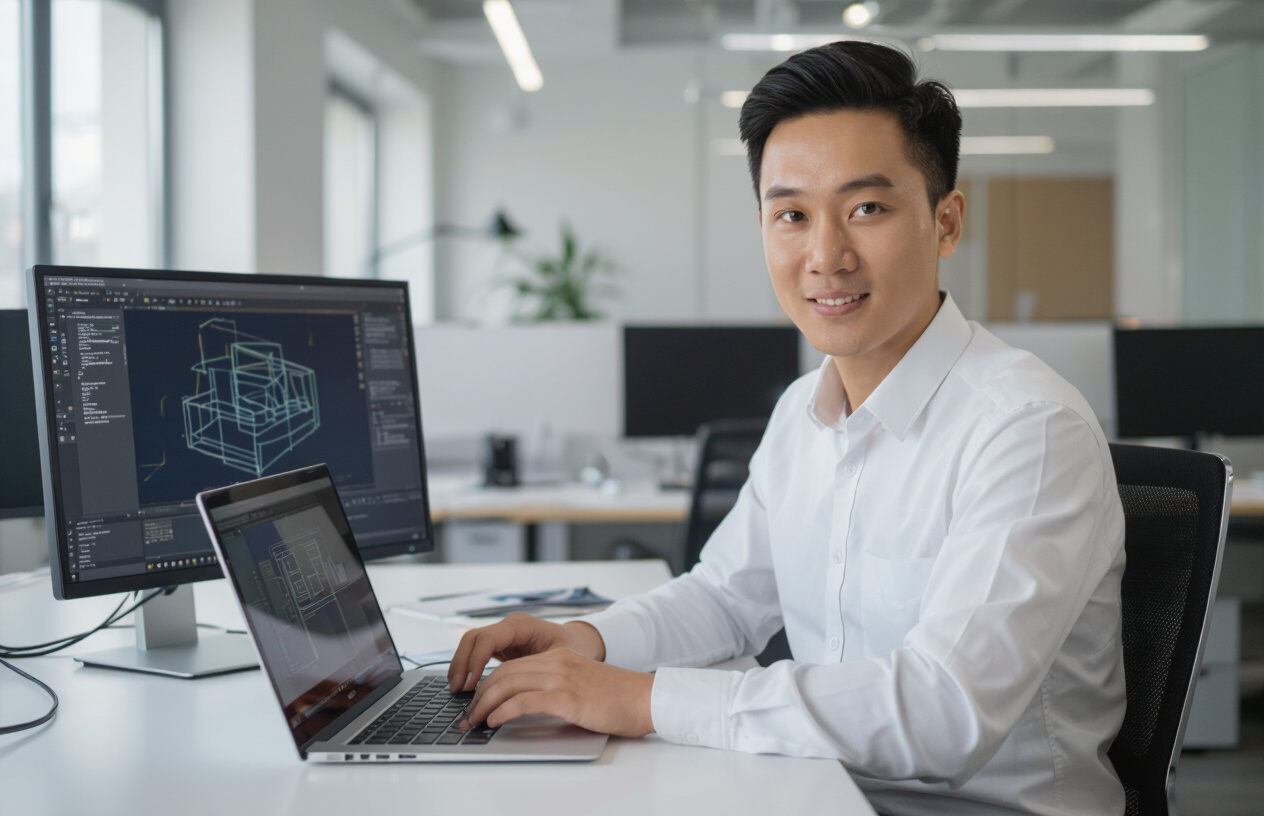 Kỹ Sư Việt Nam Đang Làm Việc Trên Laptop, Màn Hình Hiển Thị Phần Mềm Autocad Với Thiết Kế Kỹ Thuật Số Phức Tạp.