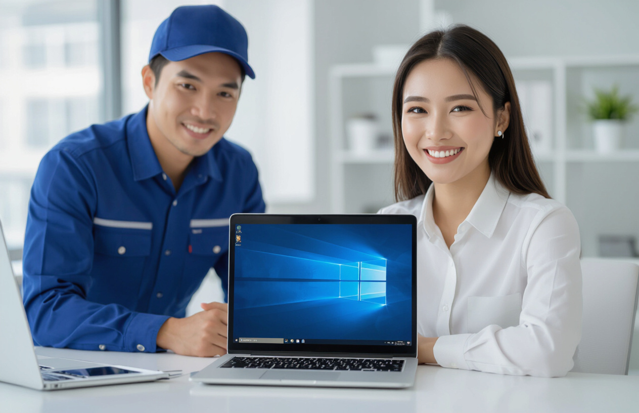 Khách Hàng Người Việt Đang Vui Vẻ, Hài Lòng Xem Máy Tính Đã Được Sửa Chữa Hoạt Động Trơn Tru Trở Lại, Với Kỹ Thuật V