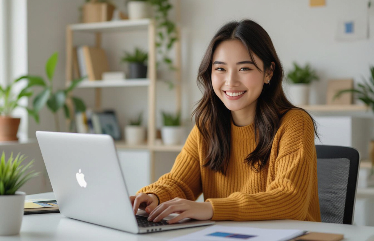 Một Người Phụ Nữ Việt Nam Trẻ Tuổi Đang Vui Vẻ Làm Việc Trên Phần Mềm Adobe Photoshop Cc Trên Máy Tính Xách Tay Của Mì