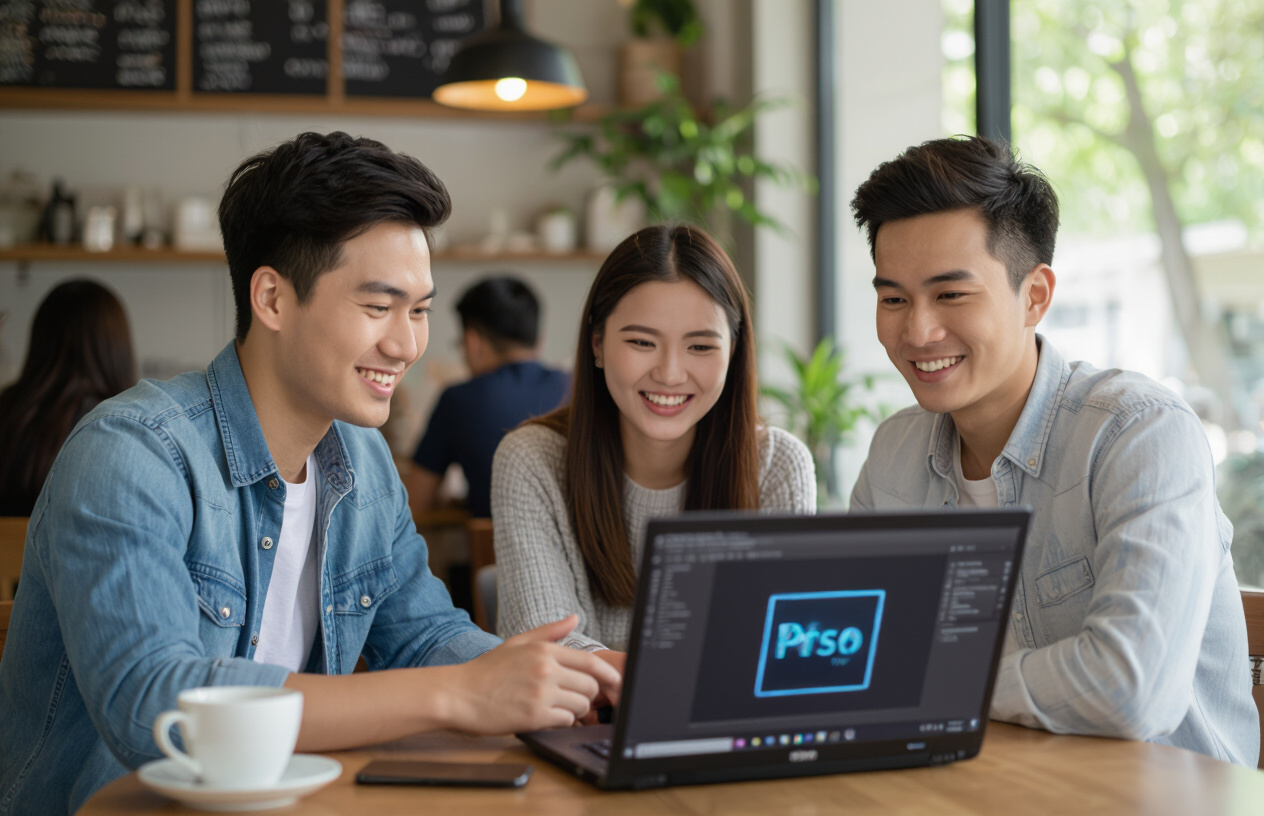 Một Nhóm Bạn Trẻ Người Việt Đang Trao Đổi Và Học Hỏi Về Thiết Kế Đồ Họa Sử Dụng Photoshop Trên Máy Tính Tại Một Quán C