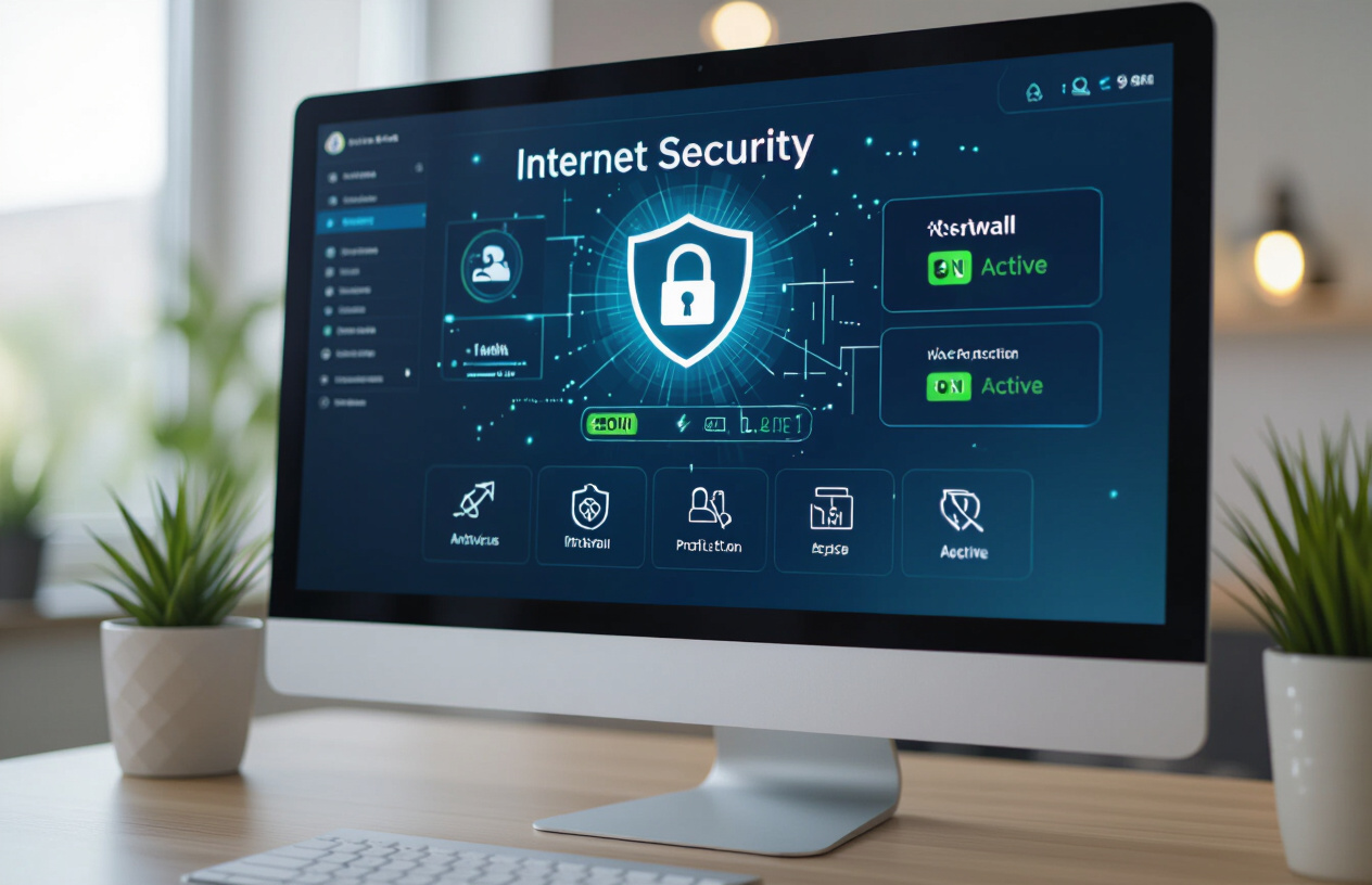 Màn Hình Máy Tính Hiển Thị Giao Diện Phần Mềm Internet Security Với Các Tính Năng Bảo Mật Được Bật.