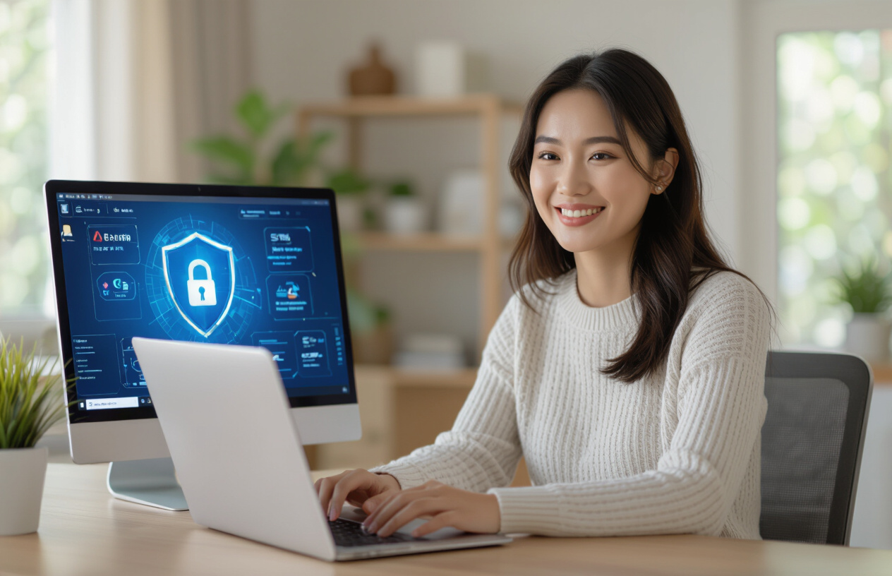 Một Người Phụ Nữ Việt Nam Đang Mỉm Cười Và Làm Việc Trên Máy Tính Xách Tay Với Giao Diện Bitdefender Hiển Thị Rõ Ràng,