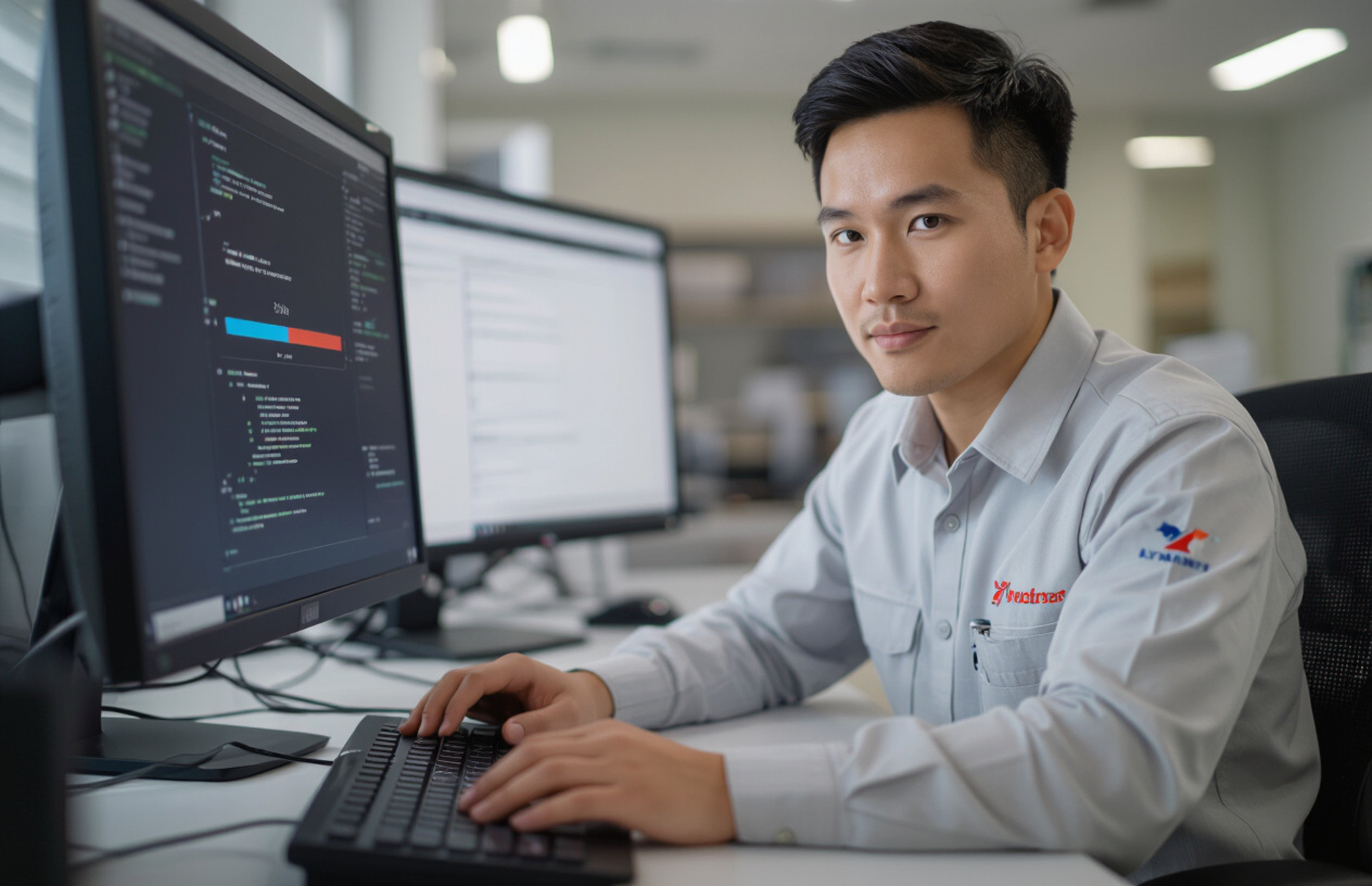 Kỹ Thuật Viên Của Máy Tính Bến Tre Đang Cài Đặt Phần Mềm Diệt Virus Trên Một Máy Tính Để Bàn, Tập Trung Và Chuyên Nghi