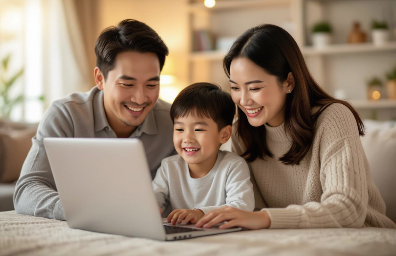 Một Gia Đình Việt Nam Hạnh Phúc Đang Sử Dụng Máy Tính Xách Tay Trong Môi Trường Gia Đình Ấm Cúng, Thể Hiện Sự An Toàn