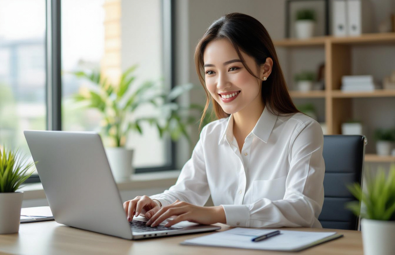 Một Nữ Kế Toán Trẻ Tại Bến Tre Đang Vui Vẻ Sử Dụng Phần Mềm Kế Toán Excel Trên Laptop.